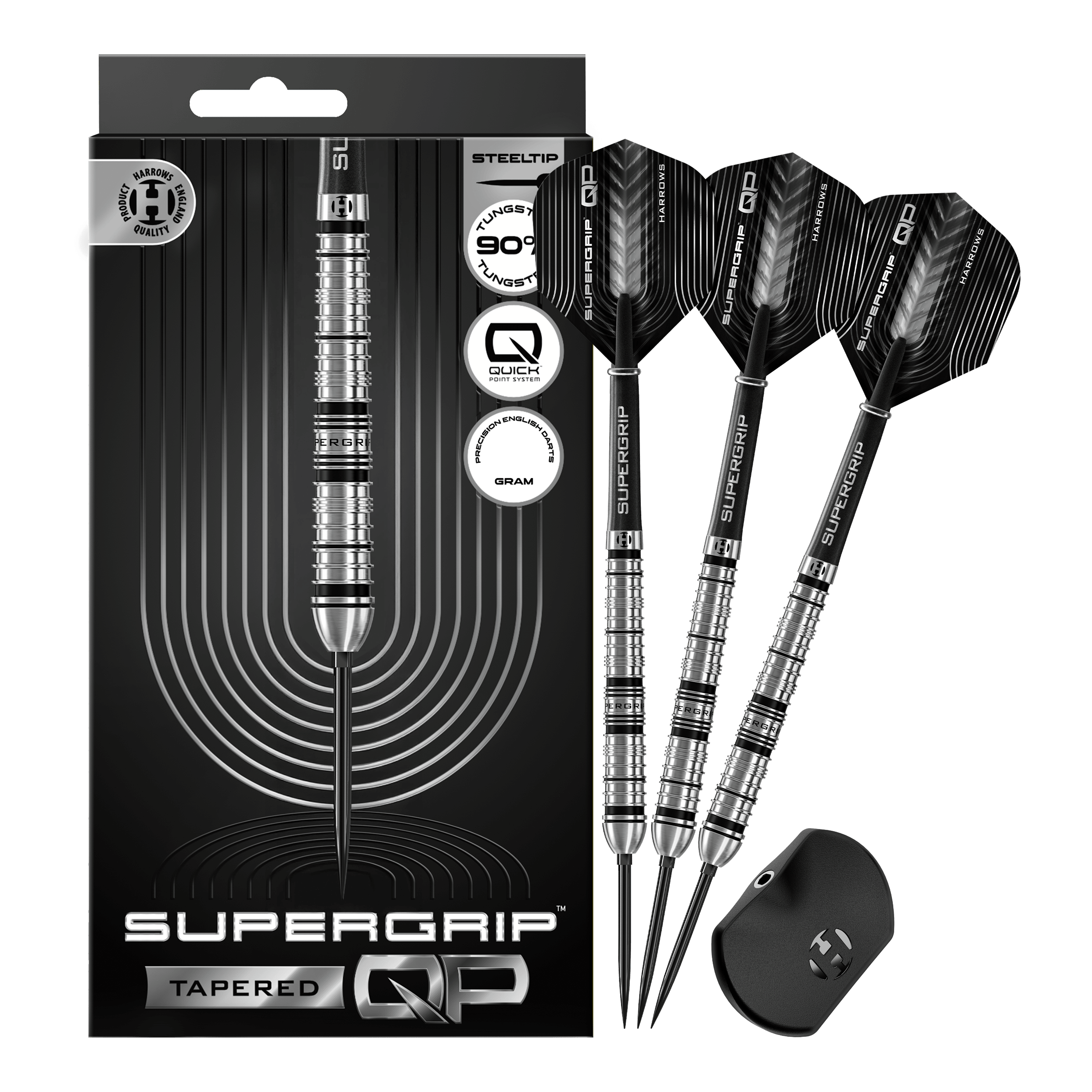 Abgebildet sind die Harrows Supergrip QP Tapered Quick Point Steeldarts. Es handelt sich um hochwertige Steeldarts für präzises Dartspiel.
