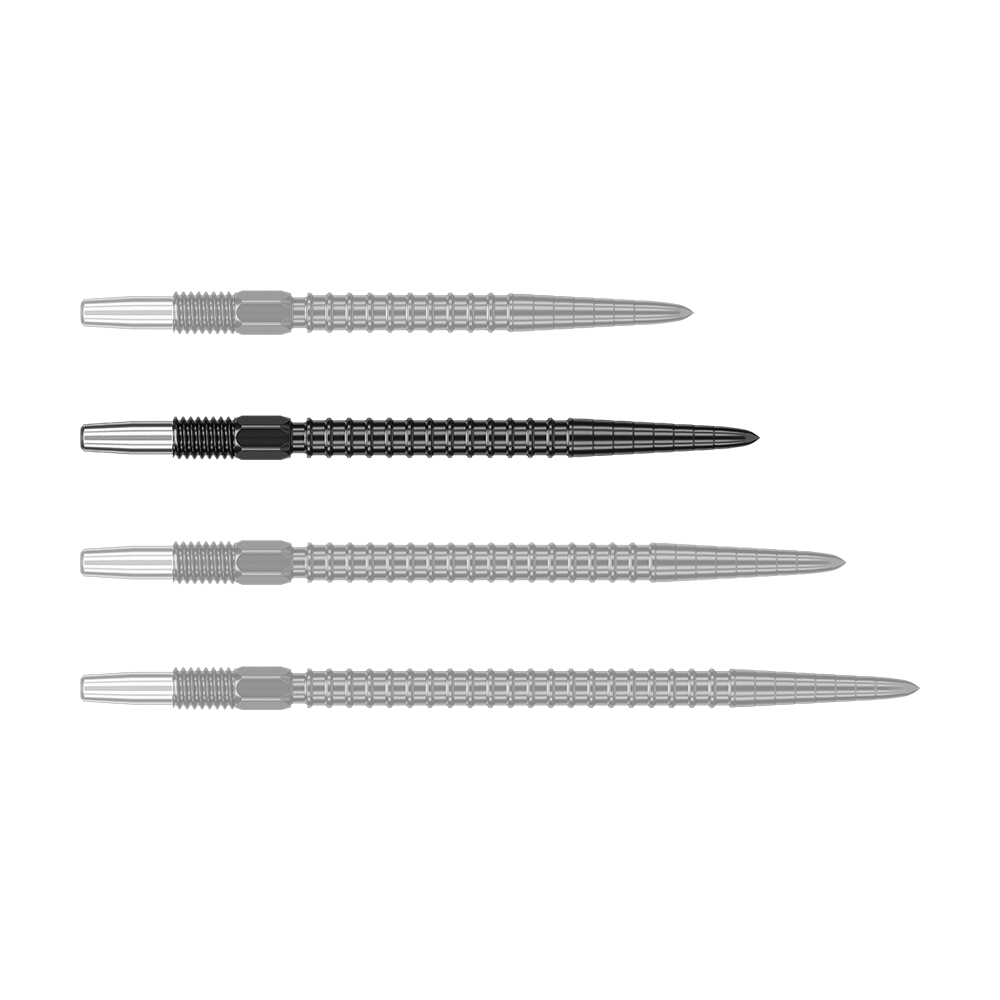 Pointes de fléchettes Target Swiss Point Chrono - Noires Auf dem Bild sind vier schwarze Dartspitzen in einer Reihe zu sehen. Sie haben einen silbernen hinteren Abschnitt und einen geriffelten Mittelteil.