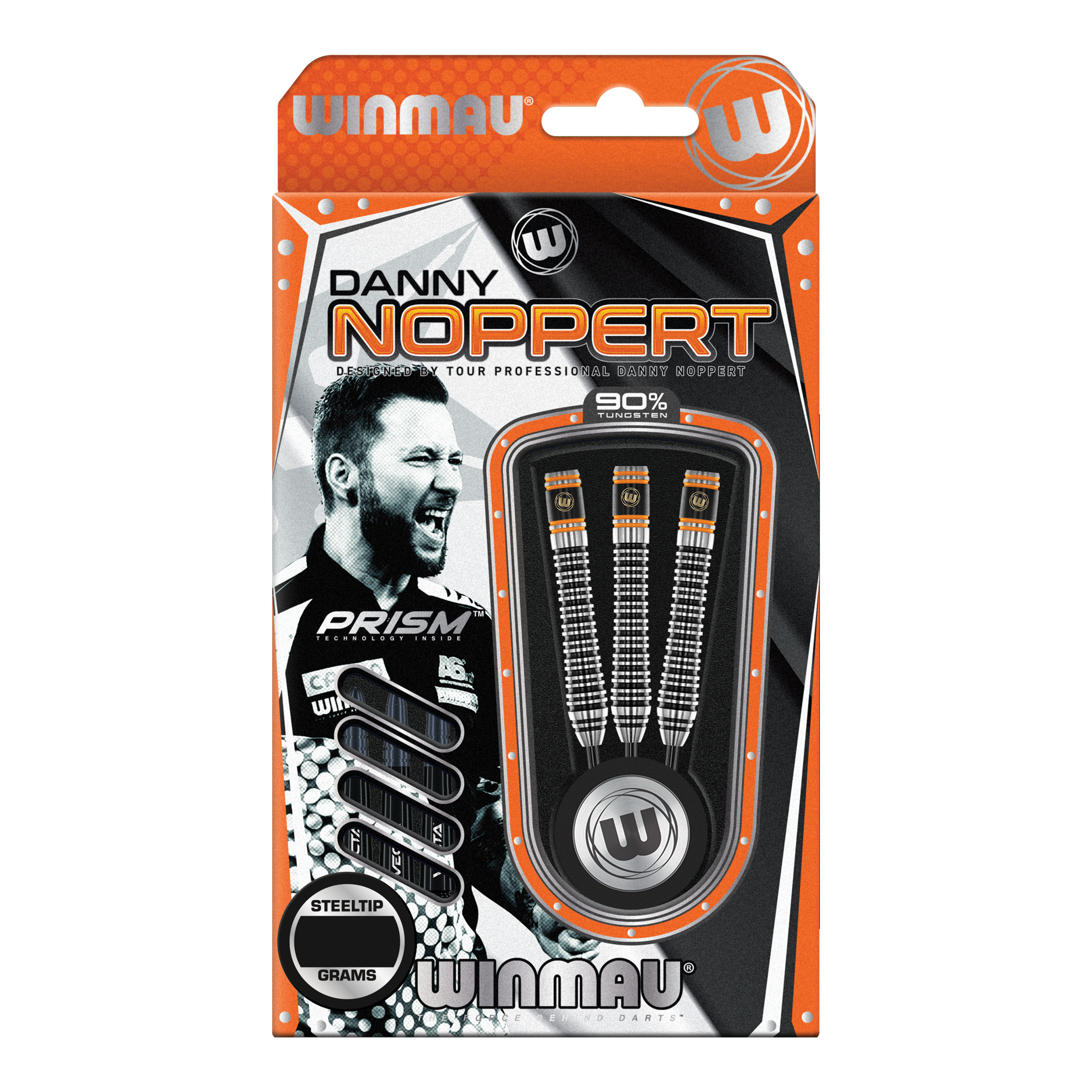 Winmau Danny Noppert Signature Edition 2 fléchettes en acier Auf dem Bild ist eine Packung „Winmau Danny Noppert Signature Edition 2 Steeldarts“ zu sehen. Die Verpackung zeigt drei Steeldarts und ein Porträt von Danny Noppert.