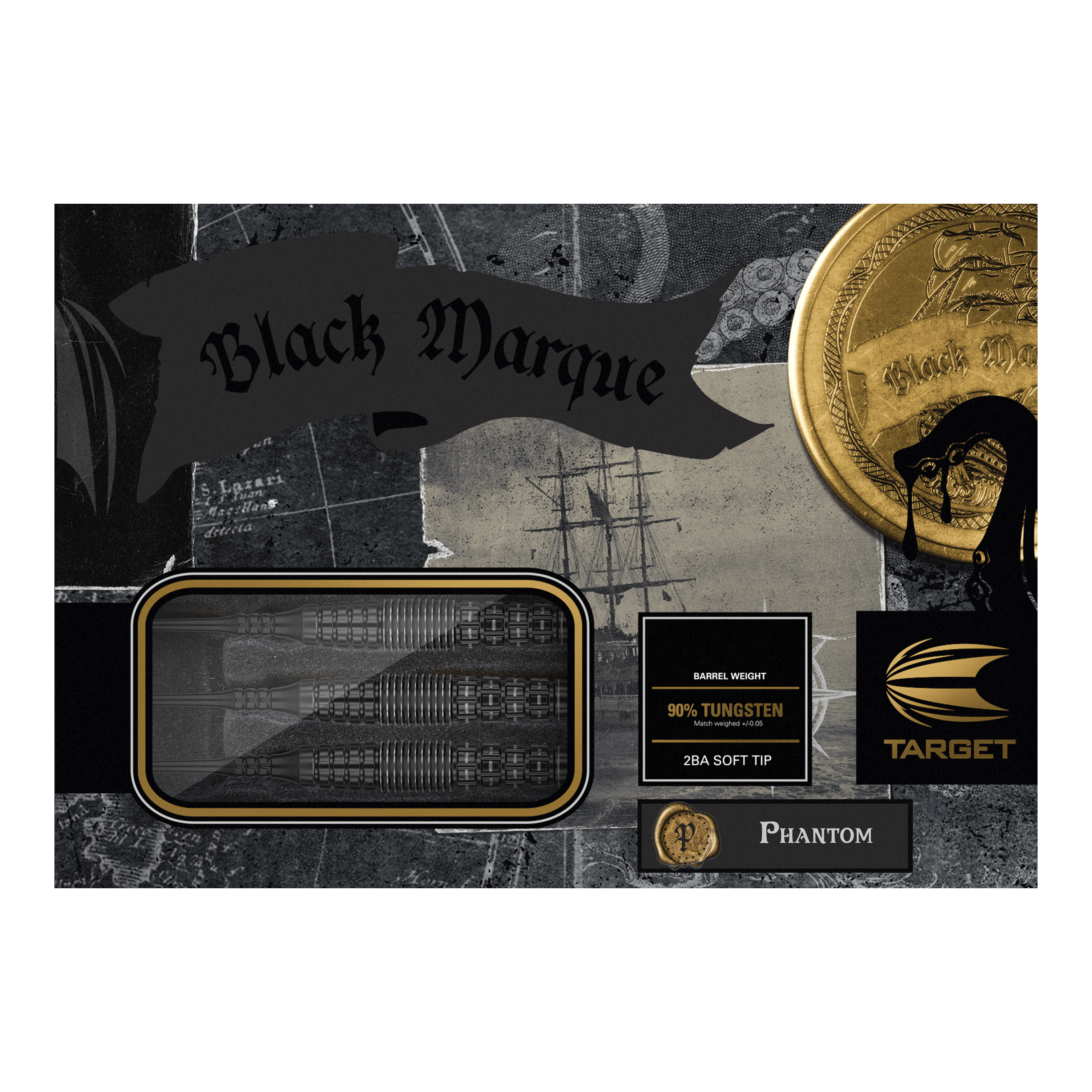 Fléchettes souples Target Japan Black Marque Phantom - 18 g Das Bild zeigt die Verpackung der "Target Japan Black Marque Phantom Softdarts - 18g". Die Darts bestehen zu 90% aus Wolfram und haben eine 2BA Softspitze.