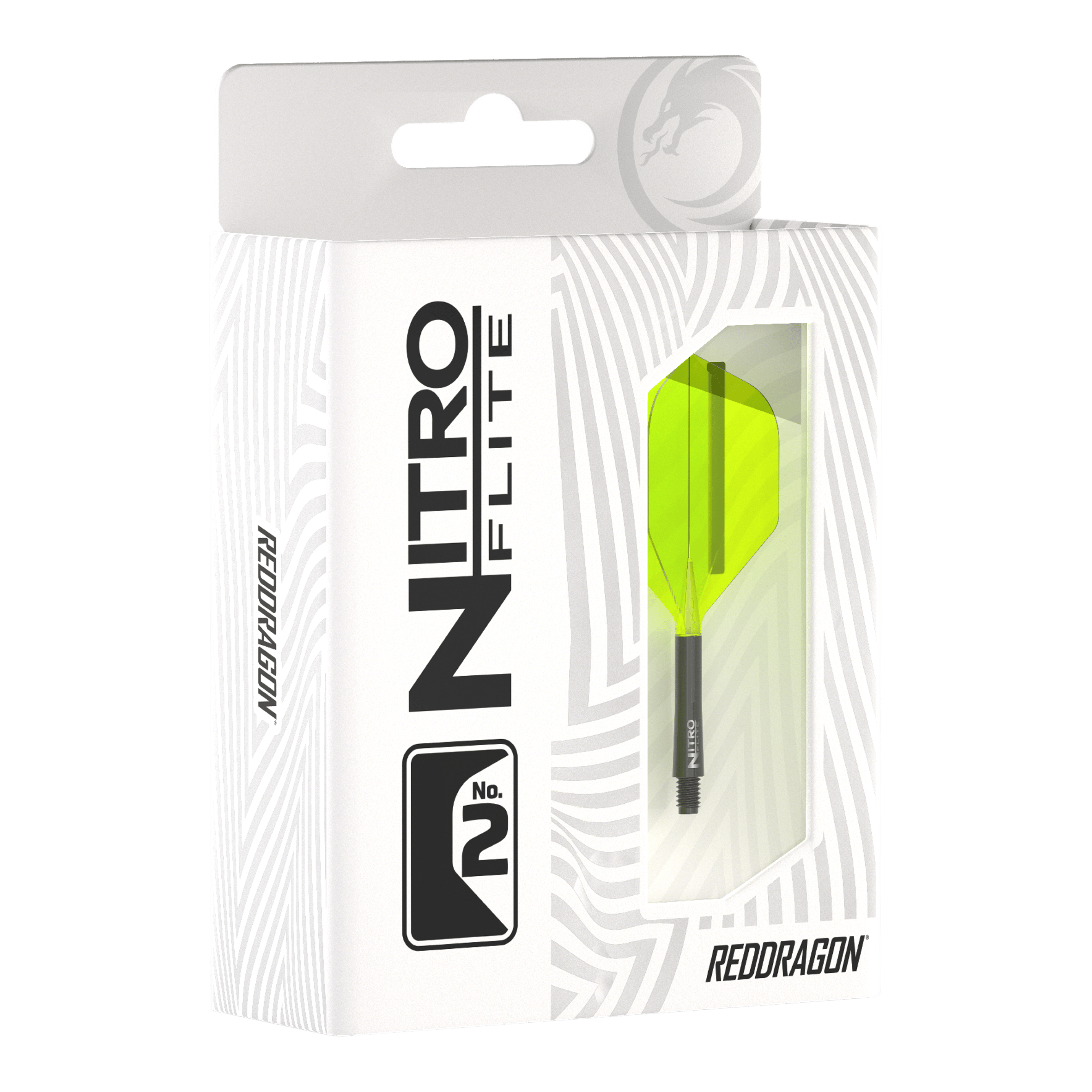Red Dragon Nitroflite - Tige noire Ailettes jaunes n°2 Die Abbildung zeigt die Verpackung des Produkts "Red Dragon Nitroflite - Black Shaft Yellow No2 Flights". In der Packung ist ein Dartflight mit gelben Flügeln und schwarzem Schaft zu sehen.