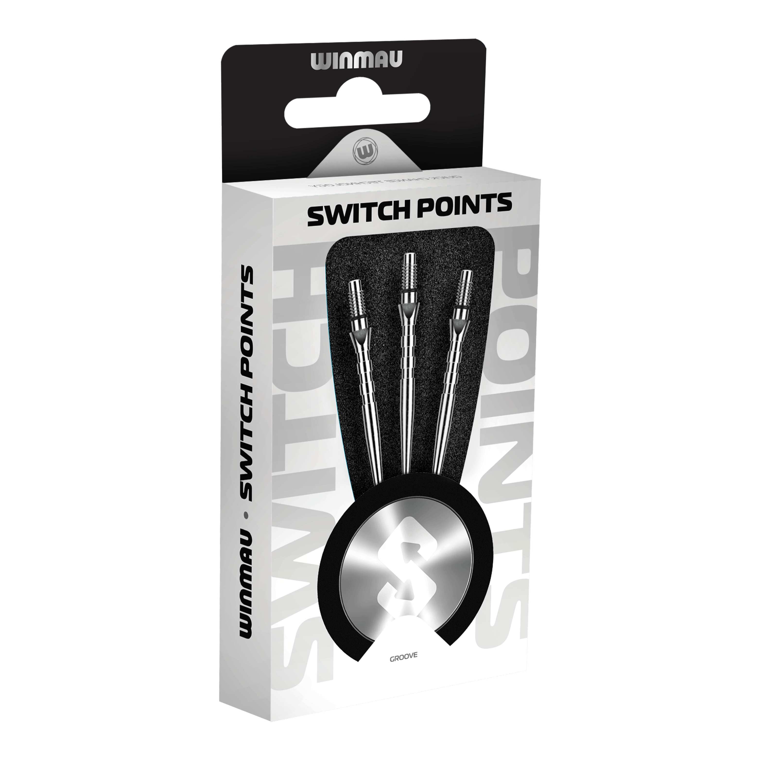 Pointes de fléchettes en acier Winmau Switch Point Groove - Effet argenté Das Bild zeigt Winmau Switch Point Groove Steeldartspitzen im Silver Effect. Die Dartspitzen besitzen Rillen und eine silberne Oberfläche.