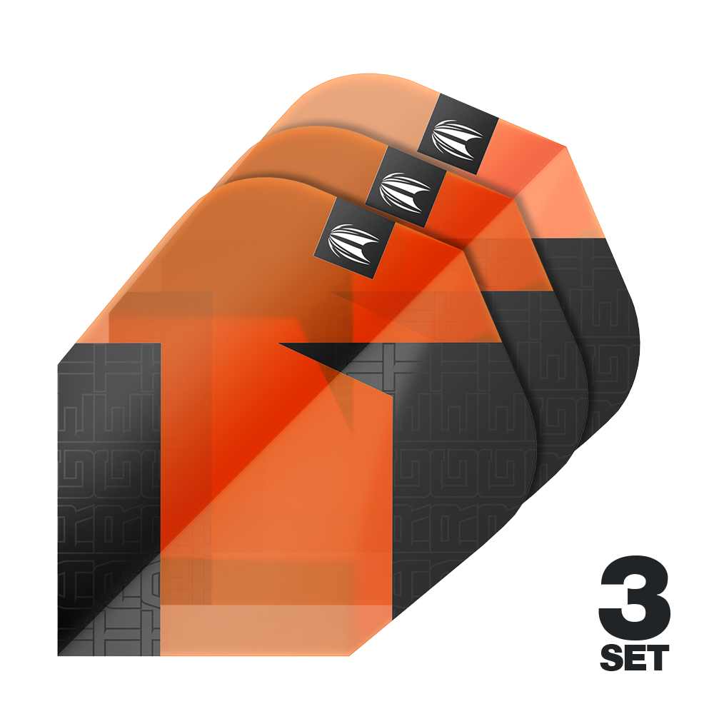 Ailettes standard Target Pro Ultra TAG Orange Ten-X - 3 jeux Das Bild zeigt drei Sätze der Target Pro Ultra TAG Orange Ten-X Standard Flights. Die Flights sind in Orange und Schwarz gehalten und besitzen ein markantes Design.