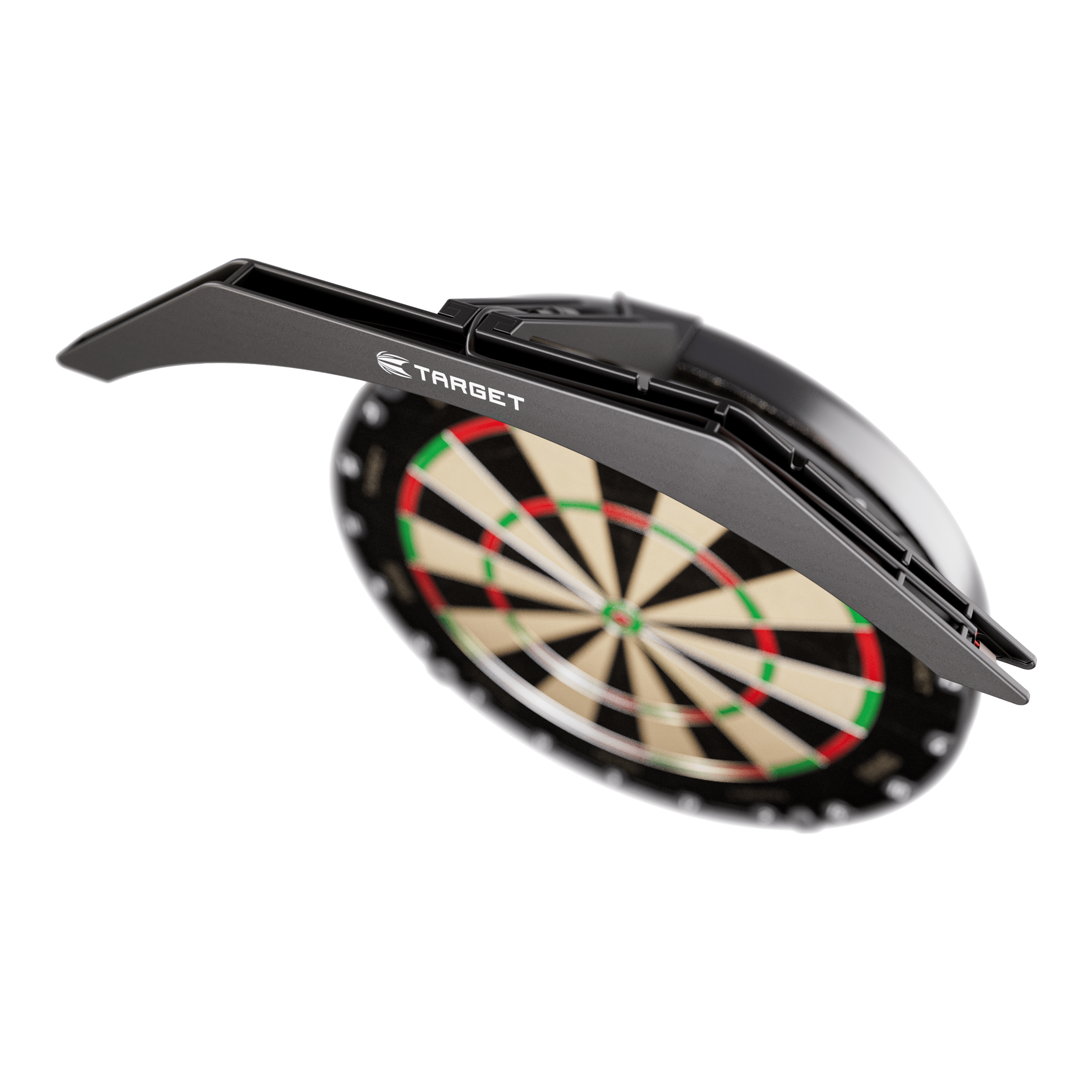 Éclairage pour cible de fléchettes Target ARC V2 Das Bild zeigt die "Target ARC V2 Dartboard Beleuchtung", die über einem Dartboard angebracht ist. Die Beleuchtung sorgt für optimale Ausleuchtung der Dartscheibe beim Spielen.