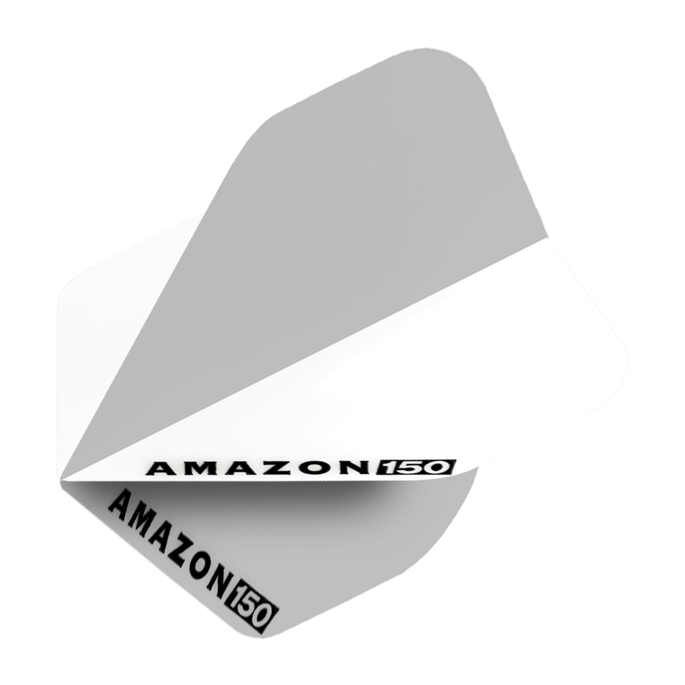 Vols Amazon 150 - Blanc Das Bild zeigt ein weißes Amazon 150 Flights Dart-Flügel. Auf dem Flight steht in schwarzer Schrift "AMAZON 150".