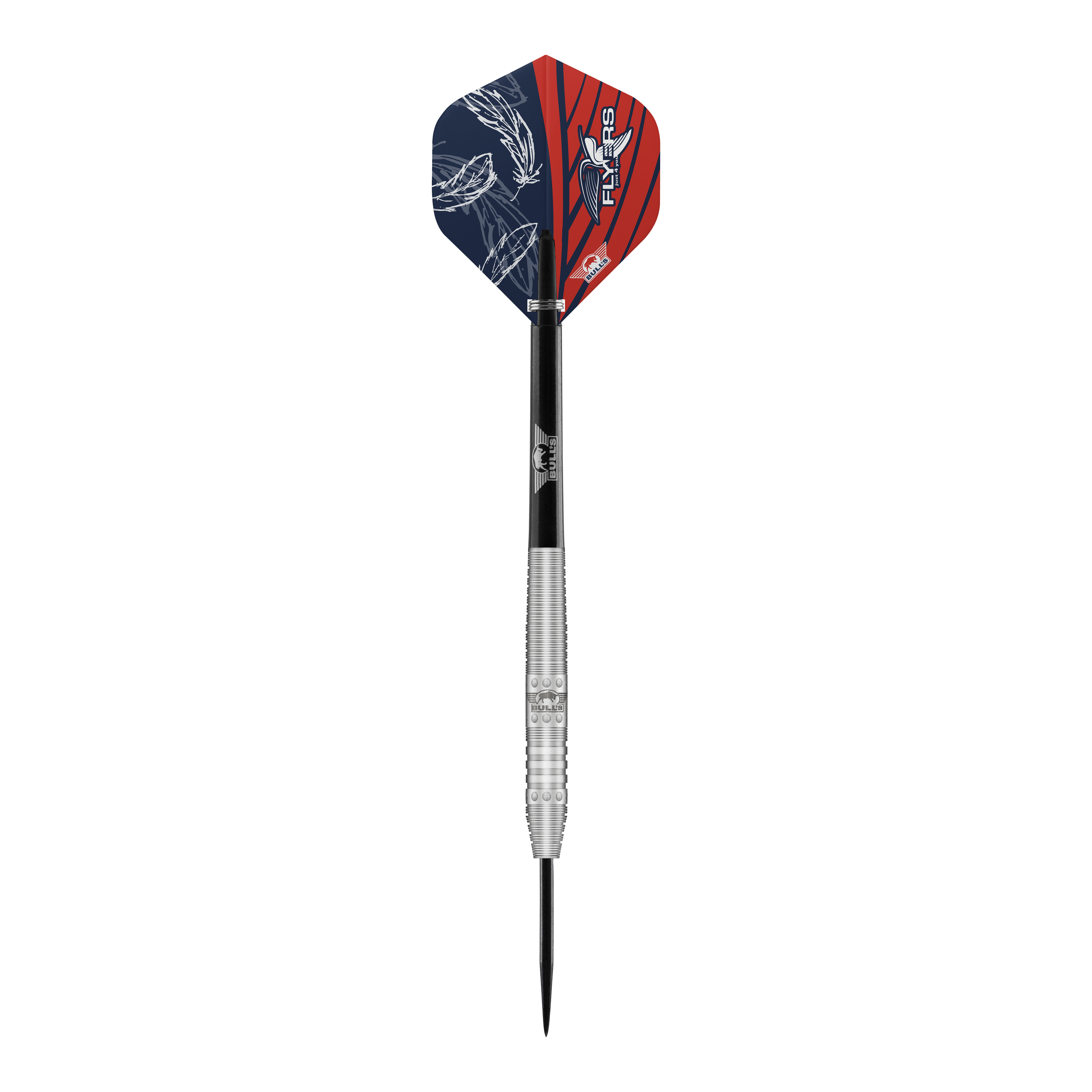 Bulls NL Richard Veenstra 80 fléchettes en acier - 23g Das Bild zeigt einen Steeldartpfeil namens "Bulls NL Richard Veenstra 80 Steeldarts - 23g". Der Dart hat eine silberne, gerillte Spitze und bunte Flights in Blau und Rot mit weißen Mustern.