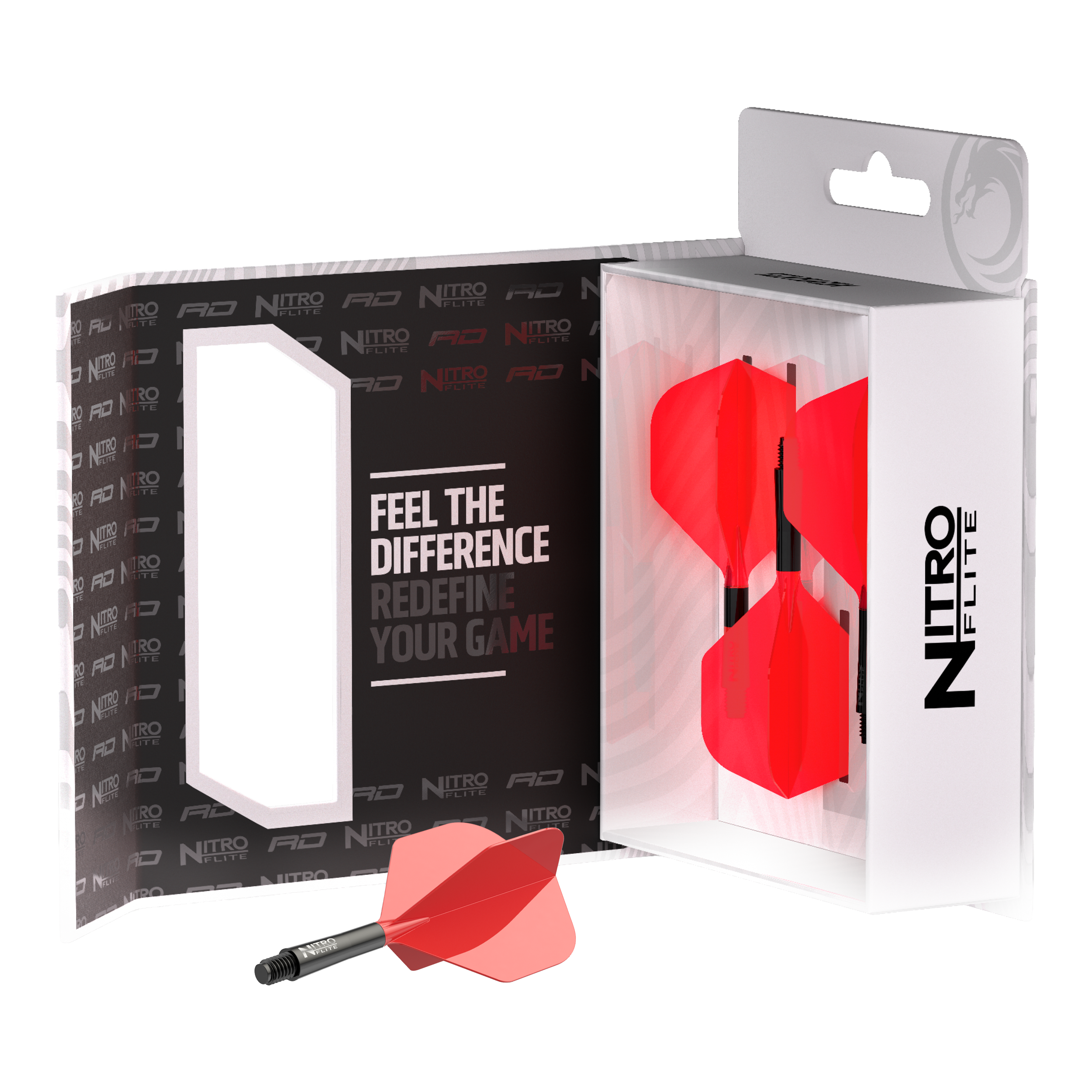 Ailettes Red Dragon Nitroflite - Tige noire, ailettes rouges n°2 Zu sehen ist Red Dragon Nitroflite - Black Shaft Red No2 Flights. Die Dart-Flights zeigen ein Design in Schwarz und Rot.