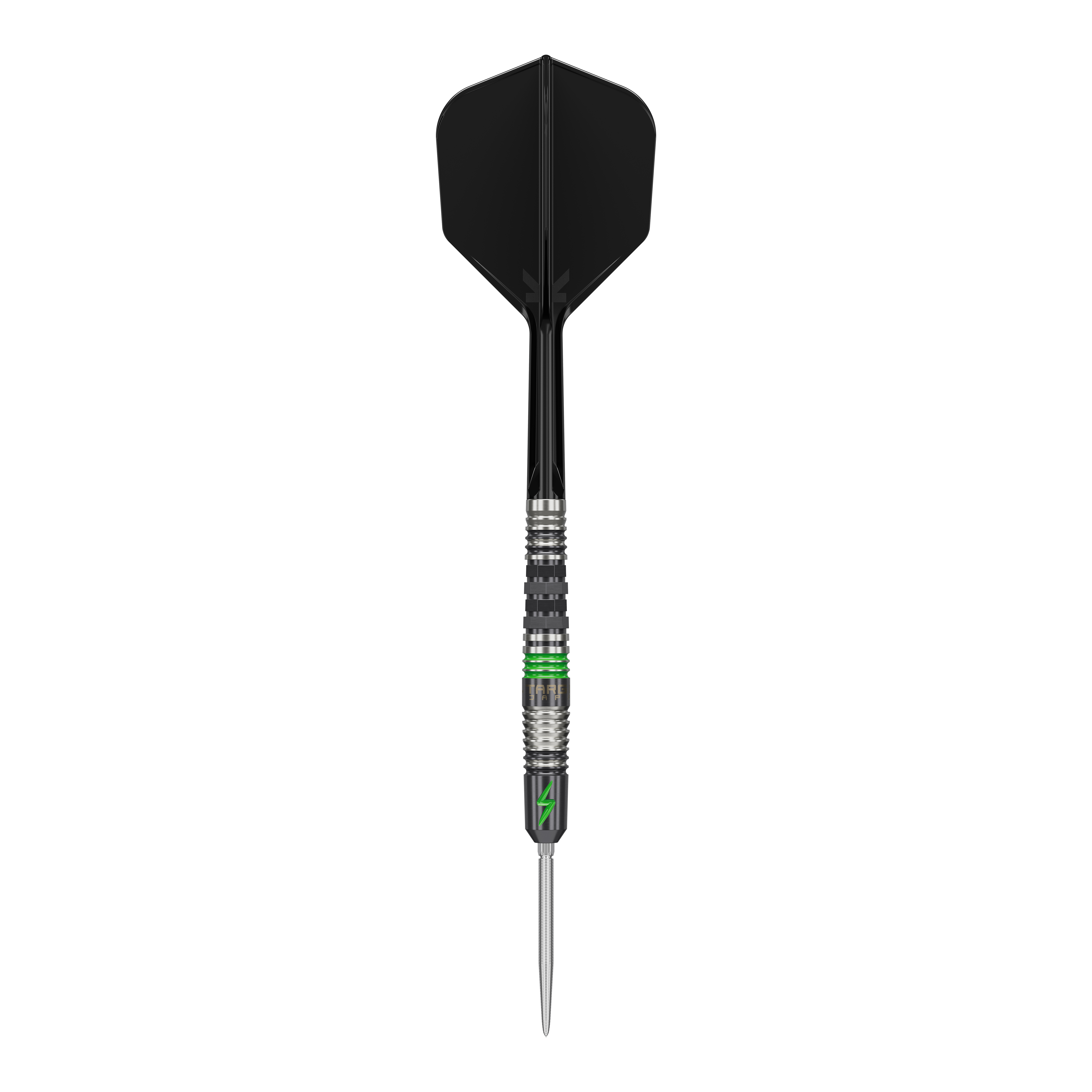 Fléchettes en acier Target Japan Black Marque Lightning 3 SP Das Bild zeigt einen Target Japan Black Marque Lightning 3 SP Steeldart. Der Dartpfeil hat ein schwarzes Flight und Details in Silber und Grün am Schaft.