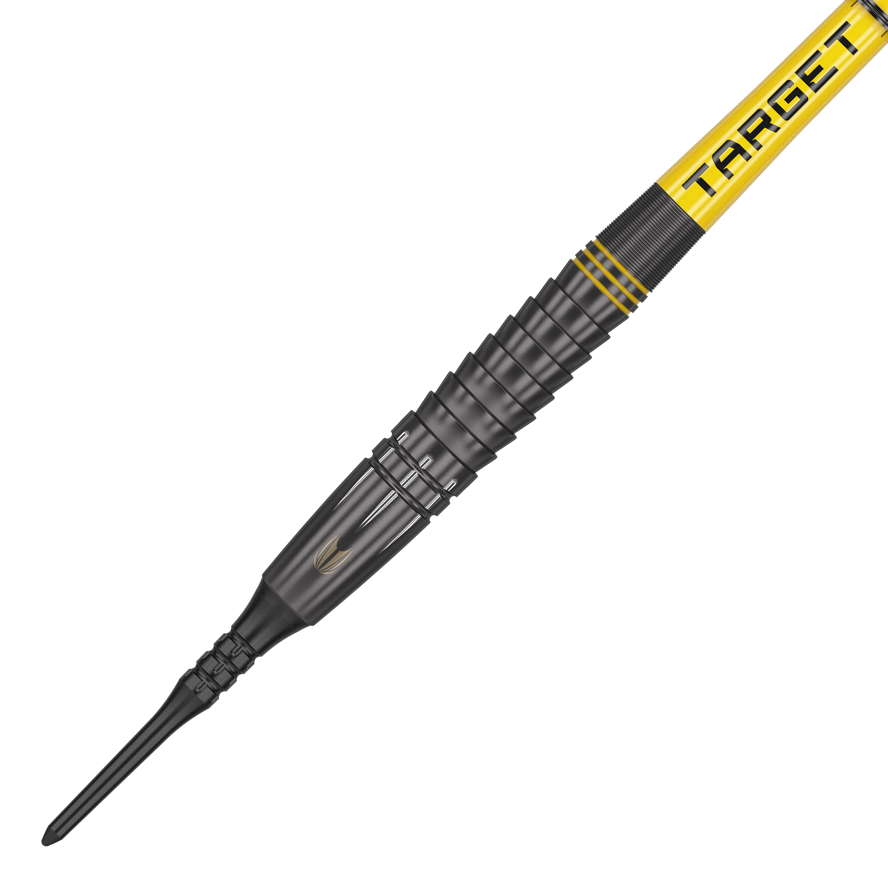 Fléchettes souples noires Target Scott Williams Shaggy - 20 g Das Bild zeigt einen schwarzen Softdart mit gelben Akzenten und der Aufschrift "TARGET". Es handelt sich um das Produkt "Target Scott Williams Shaggy Black Softdarts - 20g".