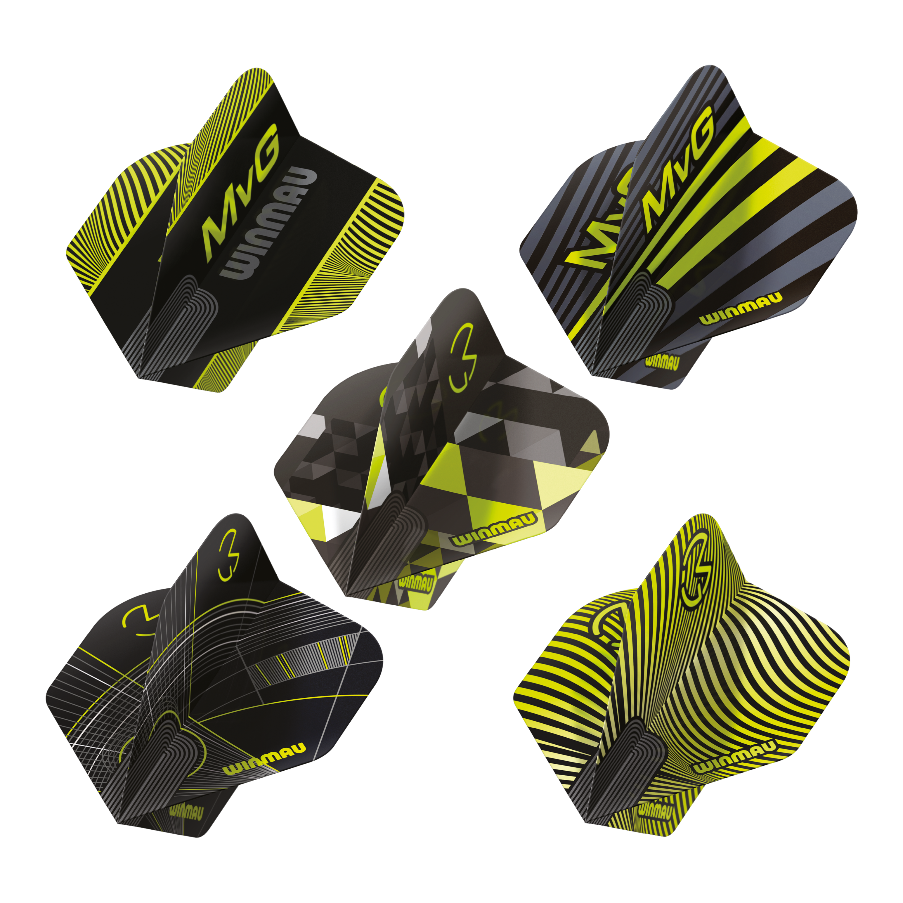Winmau Michael Van Gerwen Prism No2 Collection de vols standard Das Bild präsentiert die Winmau Michael Van Gerwen Prism No2 Standard Flight Collection. Es handelt sich um eine Auswahl an Dart Flights.
