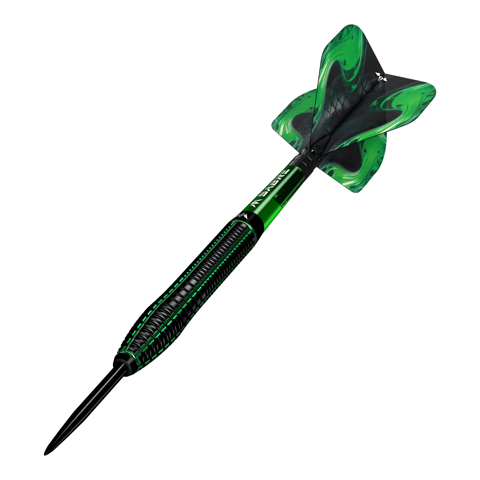 Fléchettes en acier Mission Venom Das Bild zeigt einen Mission Venom Steeldart mit schwarzem und grünem Design. Die Flights sind ebenfalls grün mit einem geschwungenen Muster.