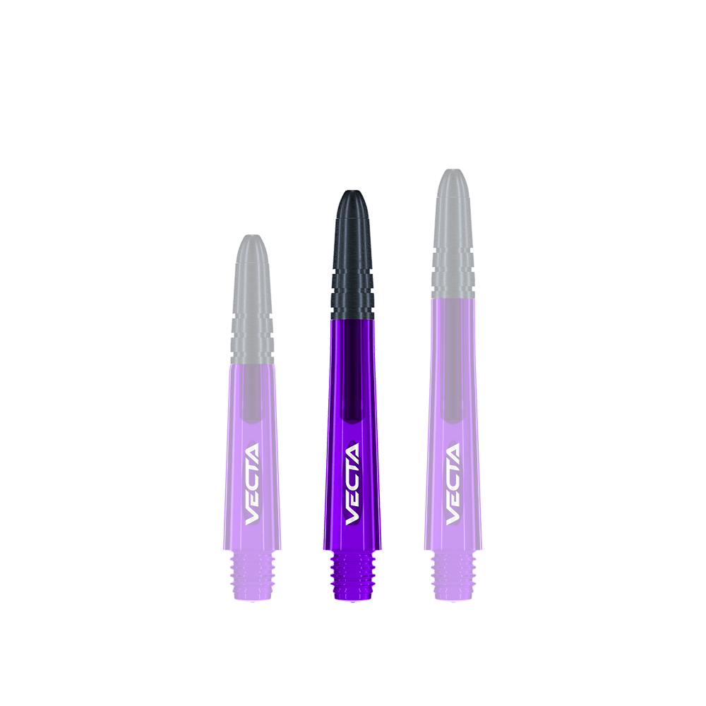 Tiges Winmau Vecta - Violet Noir Das Bild zeigt drei lila und schwarze Dartschäfte der Marke Vecta. Sie sind nebeneinander aufgereiht und haben unterschiedliche Längen.