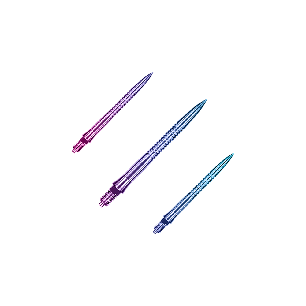 Das Bild zeigt EVO205 Caliburn EZ-EVO Dartspitzen Grooved Rainbow 28mm als Set. Es handelt sich um mehrfarbige Dartspitzen mit Rillenstruktur.