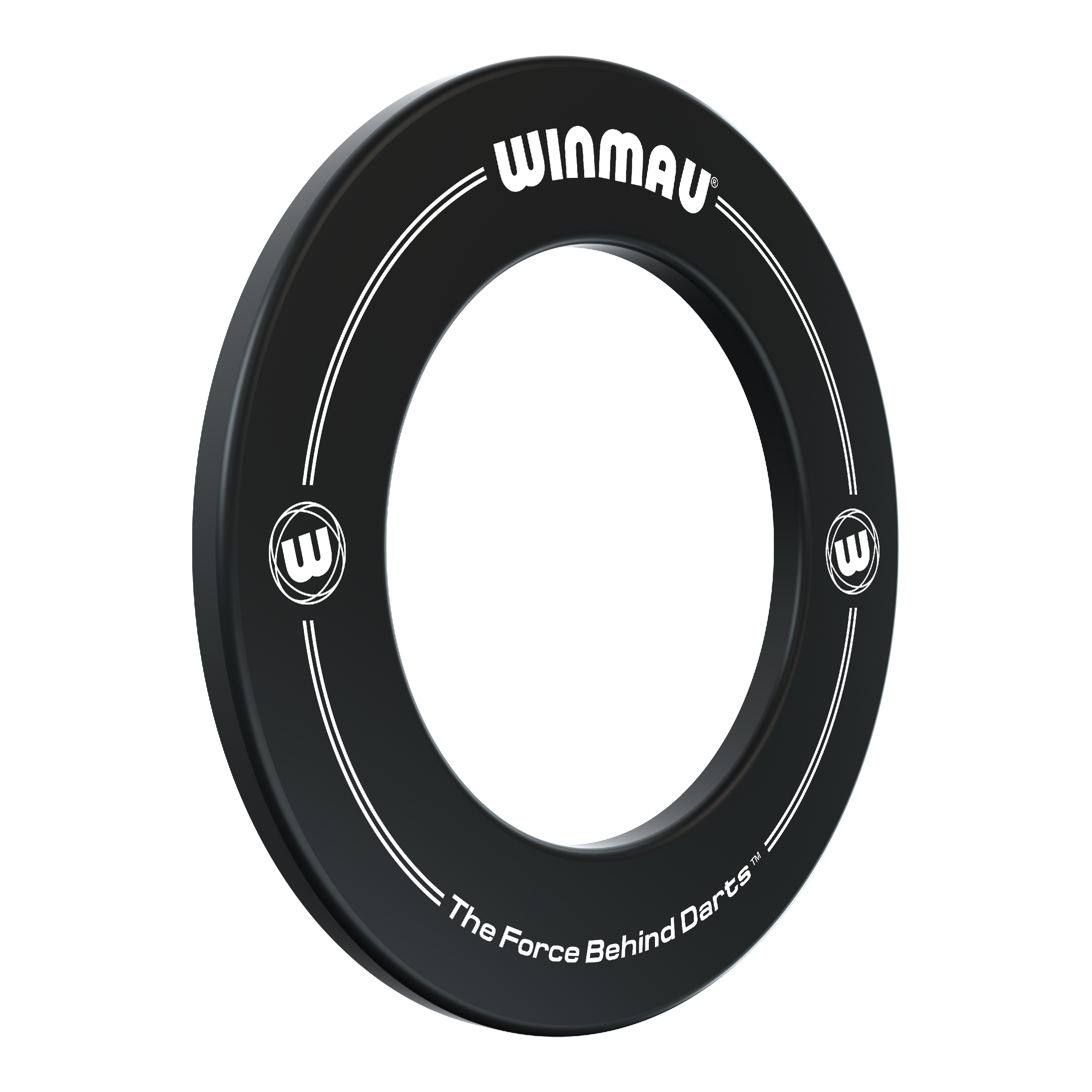 Winmau Dartboard Surround 2022 Das Bild zeigt einen schwarzen Dartboard-Surround-Ring der Marke Winmau. Auf dem Ring stehen die Worte „WINMAU“ und „The Force Behind Darts“.