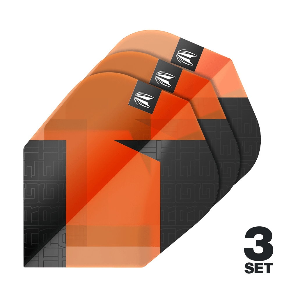 Ailettes standard Target Pro Ultra TAG Orange n° 6 - 3 jeux Das Bild zeigt drei Sätze orangefarbener Dart-Flights mit schwarzem Muster. In der rechten unteren Ecke steht "3 SET".