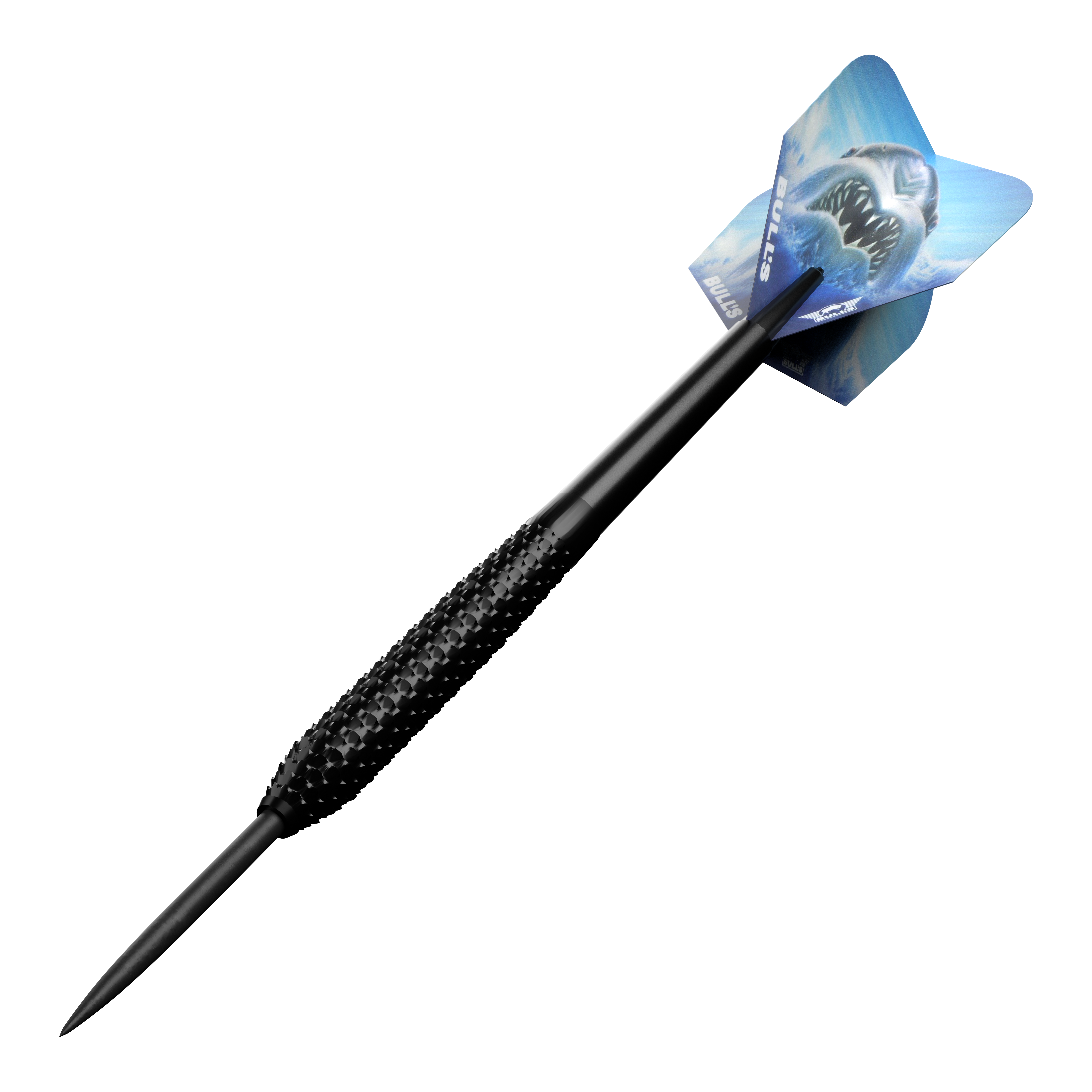 Fléchettes Bulls NL Shark Pro en acier noir Der Bulls NL Shark Pro Black Steeldart ist ein schwarzer Steeldartpfeil mit einer strukturierten Griffzone. Auf dem Flight ist ein bedrohlicher Hai abgebildet.