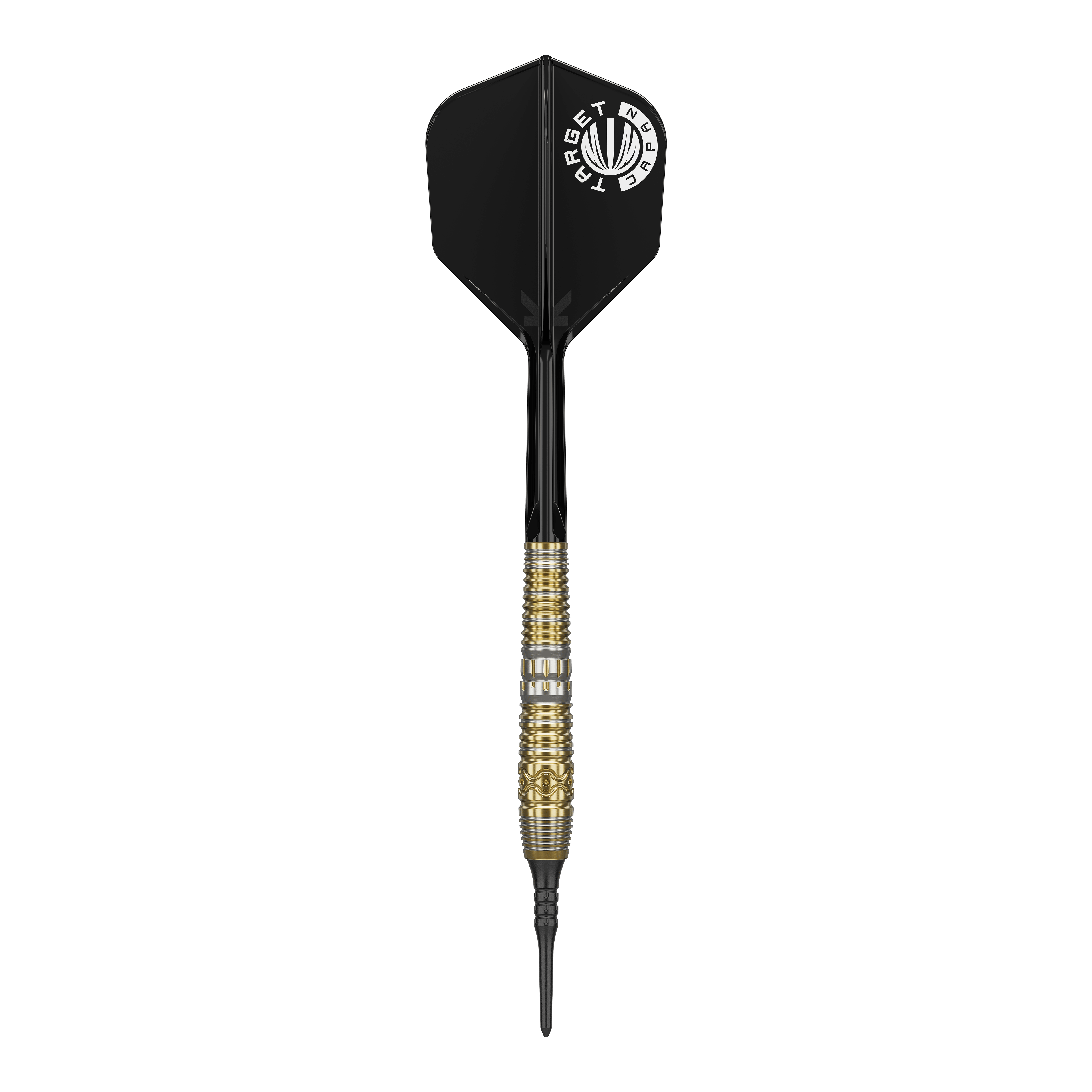 Fléchettes souples Target Japan Hot Shot GEN2 - 19 g Das Bild zeigt einen Softdart mit schwarzem Flight und goldenem Griff. Es handelt sich um das Produkt "Target Japan Hot Shot GEN2 Softdarts - 19g".