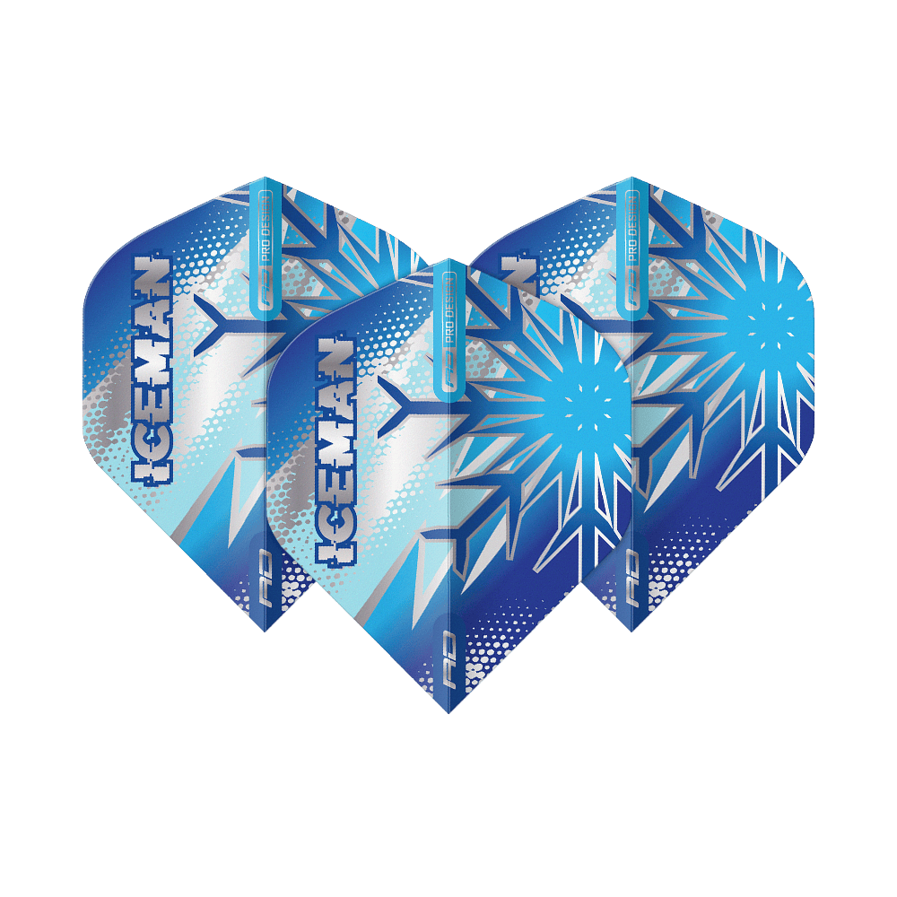 Vols standard Red Dragon Gerwyn Price Blue Flake No2 Das Bild zeigt drei blaue Dart-Flights mit Eiskristall-Muster und dem Schriftzug "ICEMAN". Die Flights sind das Produkt "Red Dragon Gerwyn Price Blue Flake No2 Standard Flights".
