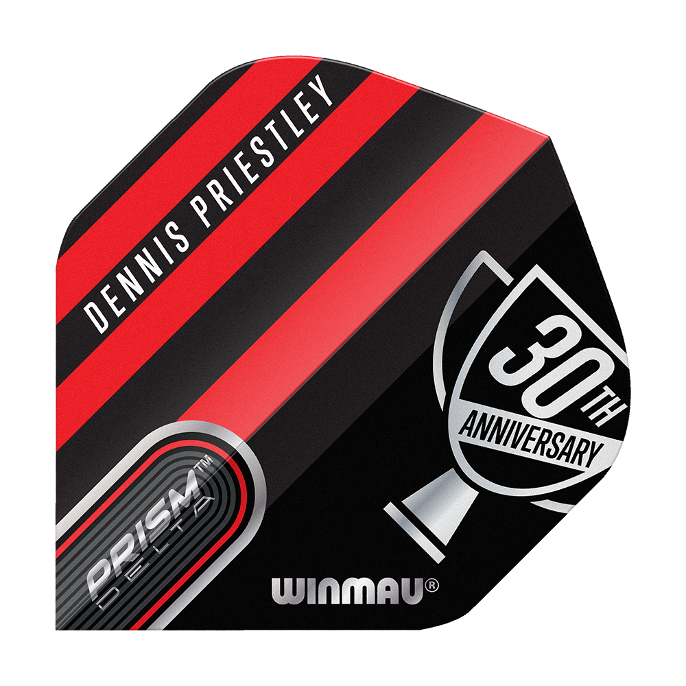 Vols standard Winmau Prism Delta Dennis Priestley Diamond 3-Zero No2 Das Bild zeigt ein Dart-Flight mit dem Namen "Dennis Priestley" und einem schwarz-roten Design. Auf dem Flight steht zudem "30th Anniversary" und "Winmau Prism Delta".