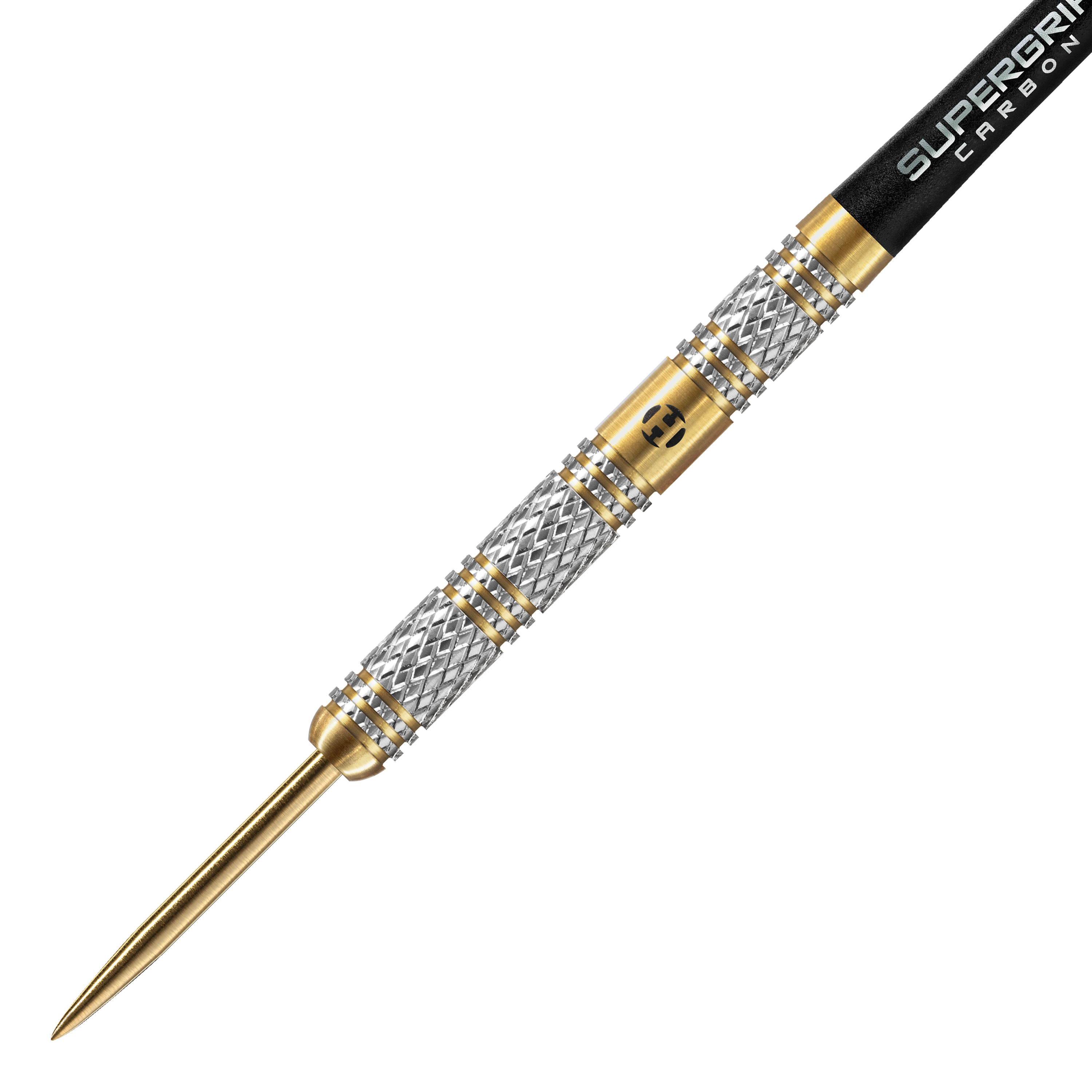 Fléchettes en acier Magnum édition anniversaire Harrows Das Bild zeigt einen Harrows Anniversary Edition Magnum Steeldart. Der Dartpfeil hat ein silber-goldenes Design mit einer schwarzen Spitze am hinteren Teil.
