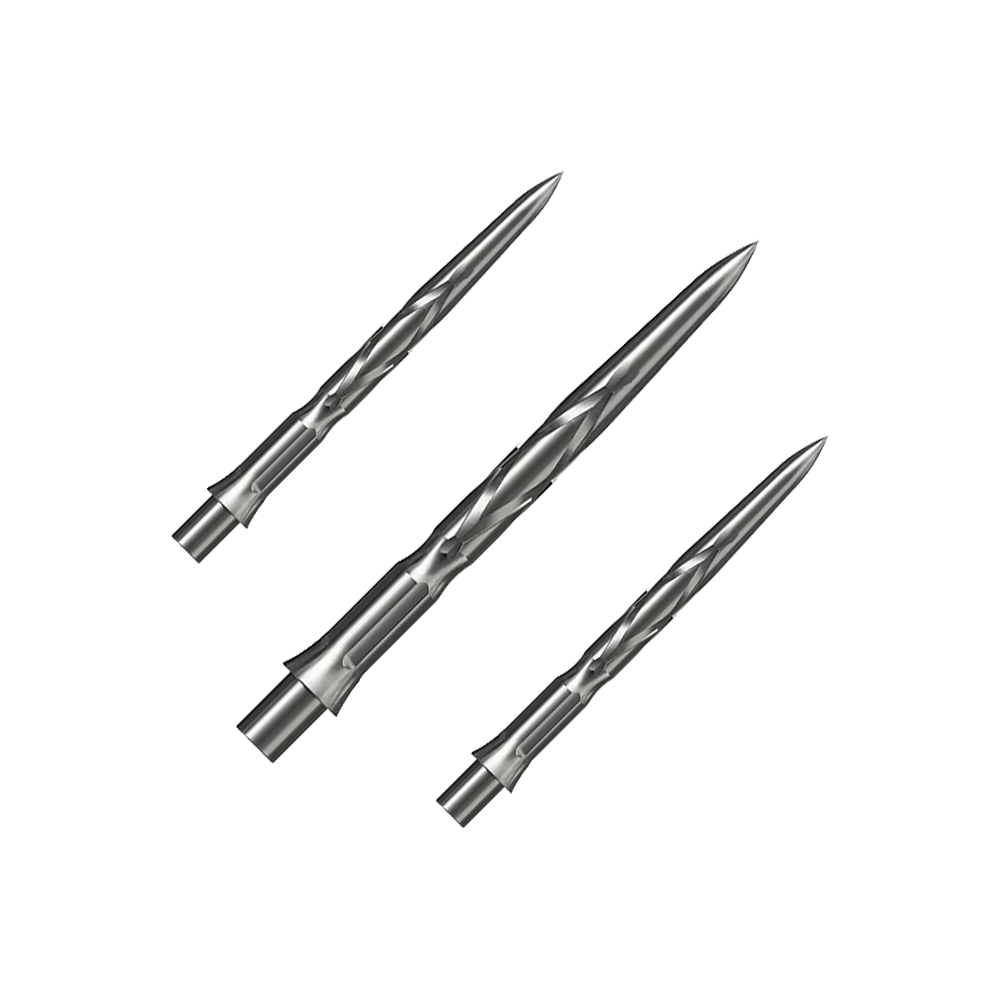 Pointes de fléchettes en acier Caliburn System - HAN G2 - Argent Auf dem Bild sind drei silberne Steeldartspitzen zu sehen. Sie haben eine spitz zulaufende Form mit eingeritztem Muster.