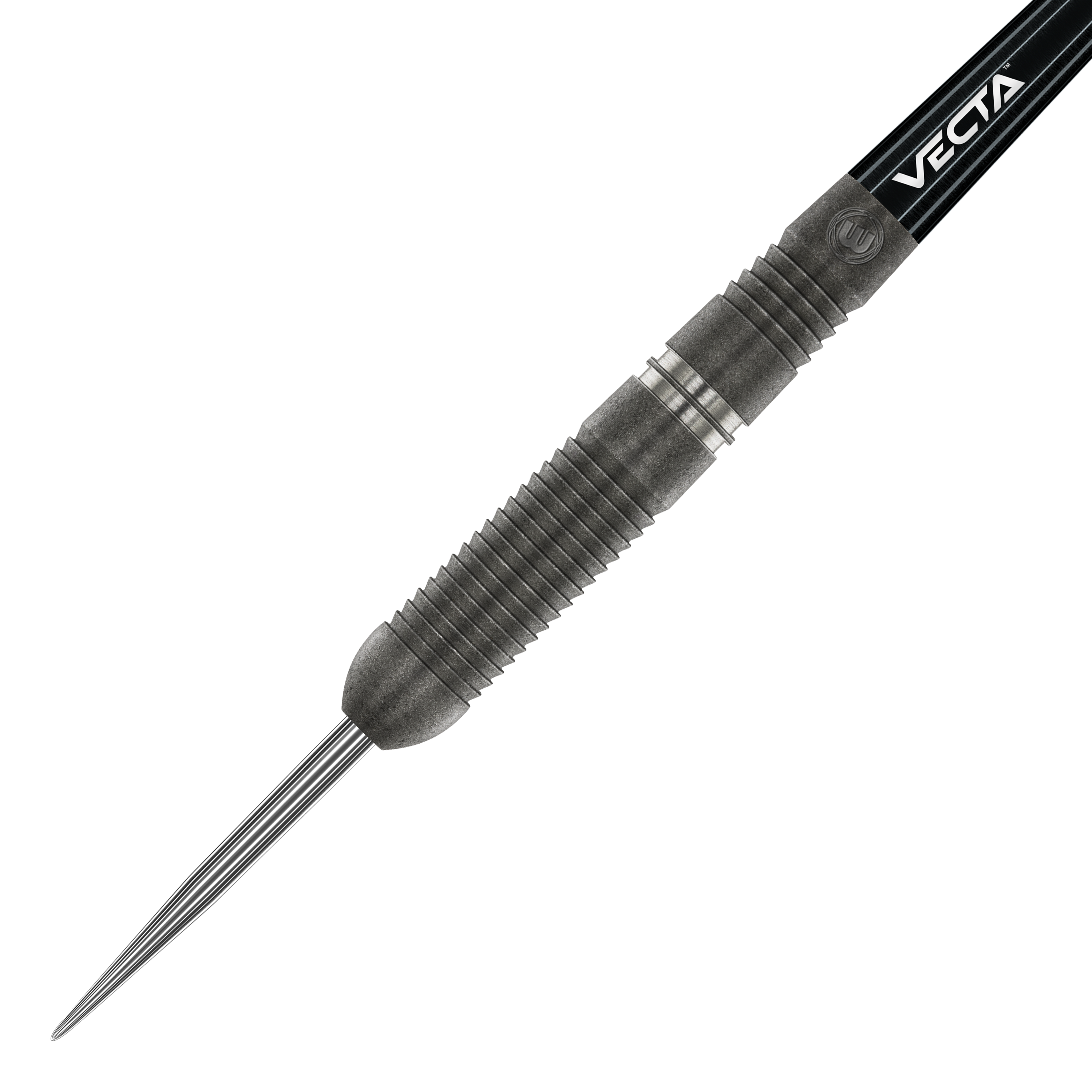 Fléchettes en acier Winmau Callisto 03 Das Bild zeigt einen Winmau Callisto 03 Steeldart. Der Dart hat ein geriffeltes, schwarzes Barrel und eine spitze Metallspitze.
