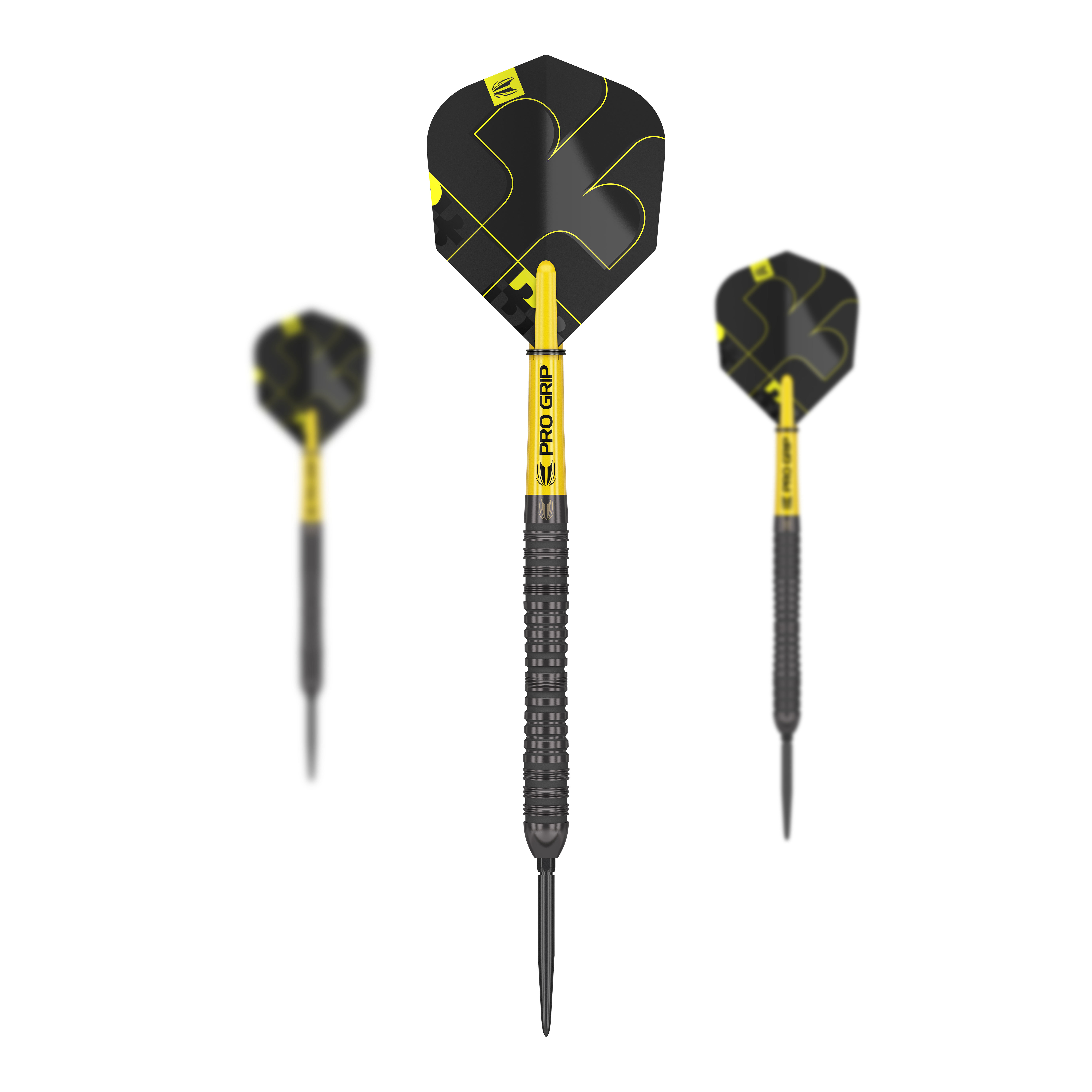 Fléchettes en acier Target Bolide Void 04 Swiss Point Das Bild zeigt drei Steeldarts des Modells "Target Bolide Void 04 Swiss Point". Die Darts sind schwarz-gelb und haben ein modernes, markantes Design.