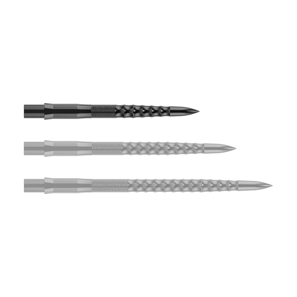 Embouts de fléchettes Mission Caliburn EVO - Ripple - Noir Das Bild zeigt drei schwarze Steeldartspitzen mit einer geriffelten Oberfläche. Sie sind nebeneinander angeordnet und haben eine spitz zulaufende Form.