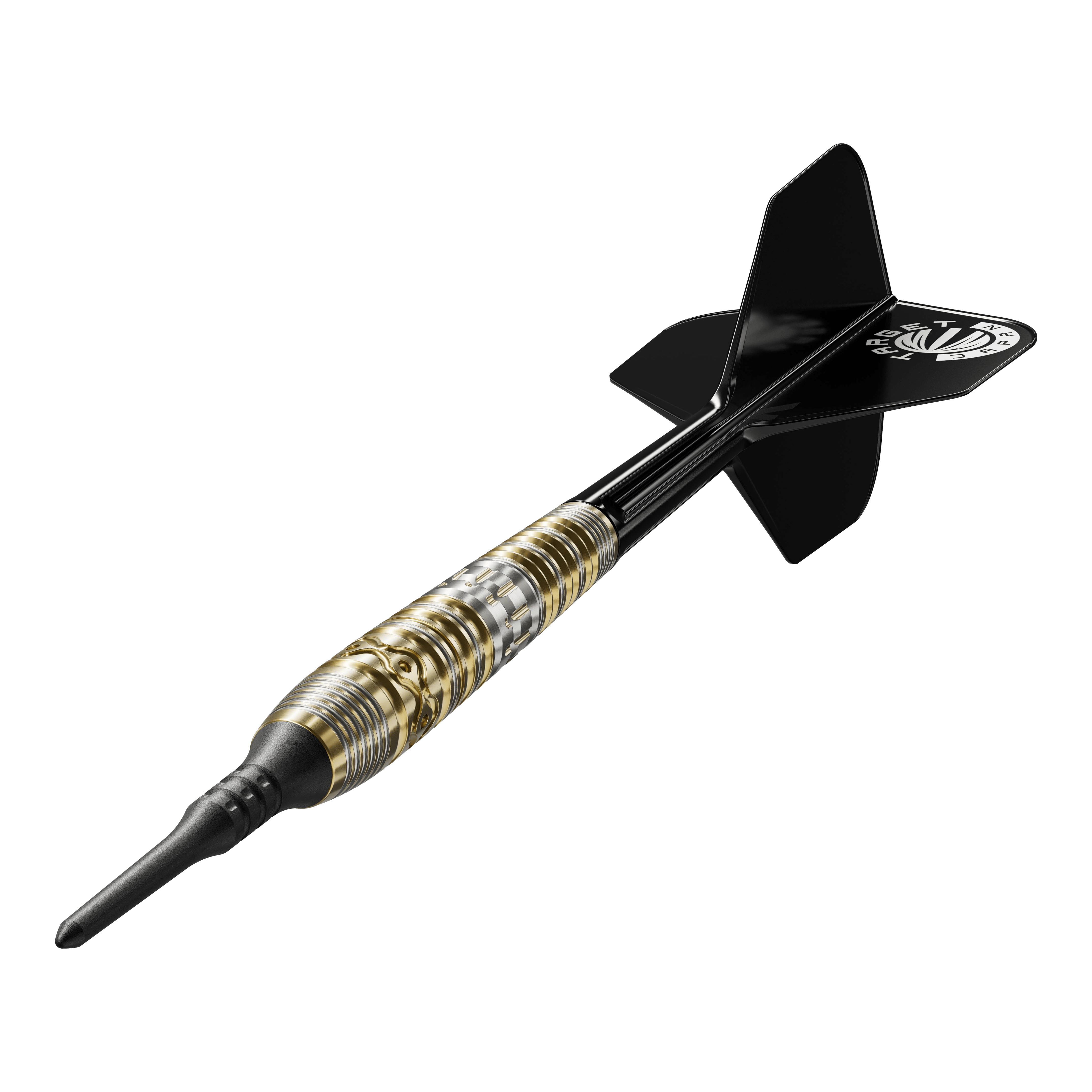 Fléchettes souples Target Japan Hot Shot GEN2 - 19 g Das Bild zeigt einen Softdartpfeil namens "Target Japan Hot Shot GEN2 Softdarts - 19g". Der Dart hat ein schwarz-goldenes Design mit einer schwarzen Spitze und schwarzen Flights.