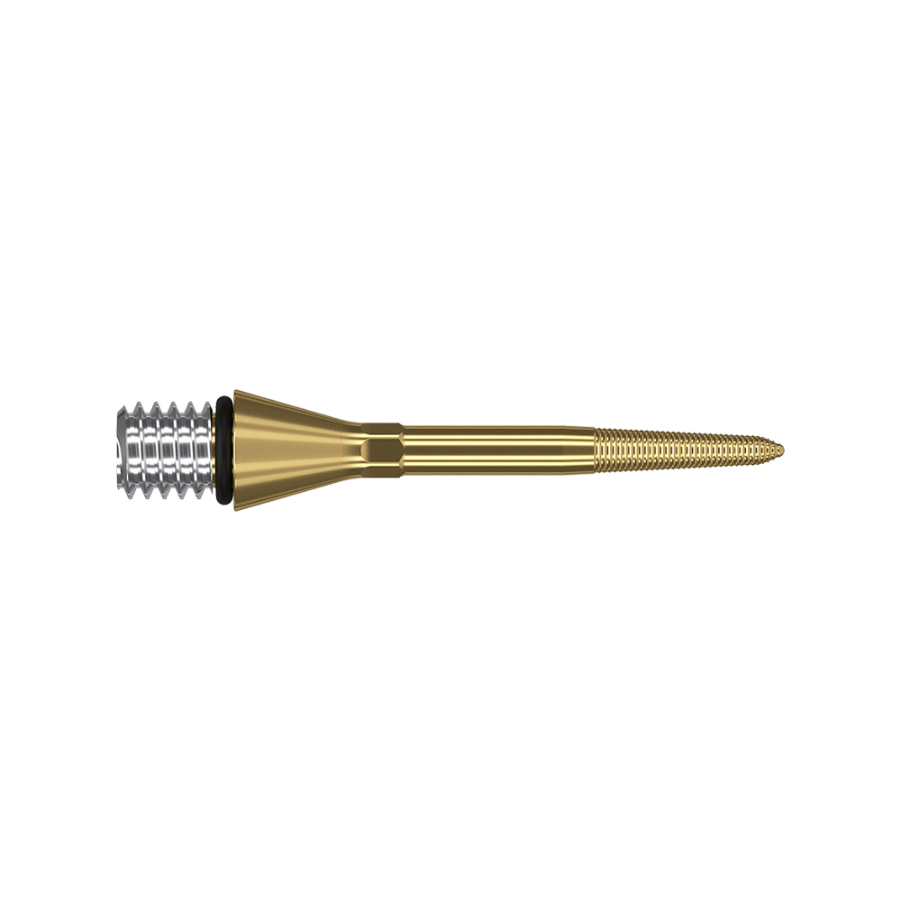 380166_Target_Titanium_Swiss_Point_Nano_Conversion_Points_Gold_26mm_2 Das Bild zeigt eine goldfarbene Dartspitze mit einem silbernen Gewinde am linken Ende. Die Spitze ist schmal und hat feine Rillen am rechten Ende.