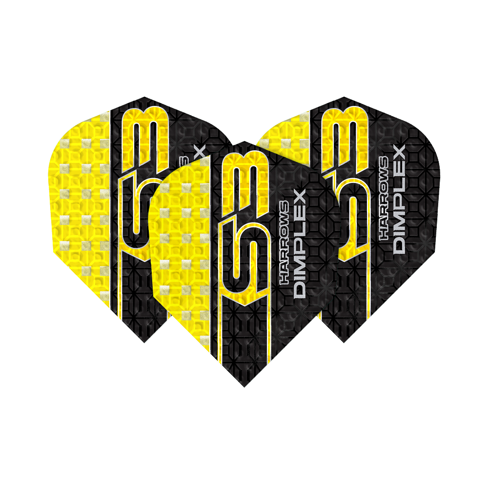 Vols Harrows Dimplex S3 - Jaune Das Bild zeigt drei gelbe und schwarze Dartflights des Modells "Harrows Dimplex S3". Auf den Flights steht der Schriftzug "S3 HARROWS DIMPLEX".