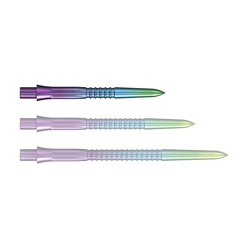 Embouts de fléchettes Mission Caliburn EVO GV1 - Arc-en-ciel Gezeigt wird eine einzelne Steeldartspitze mit Rainbow-Effekt. Die Oberfläche schimmert in verschiedenen Farbtönen.