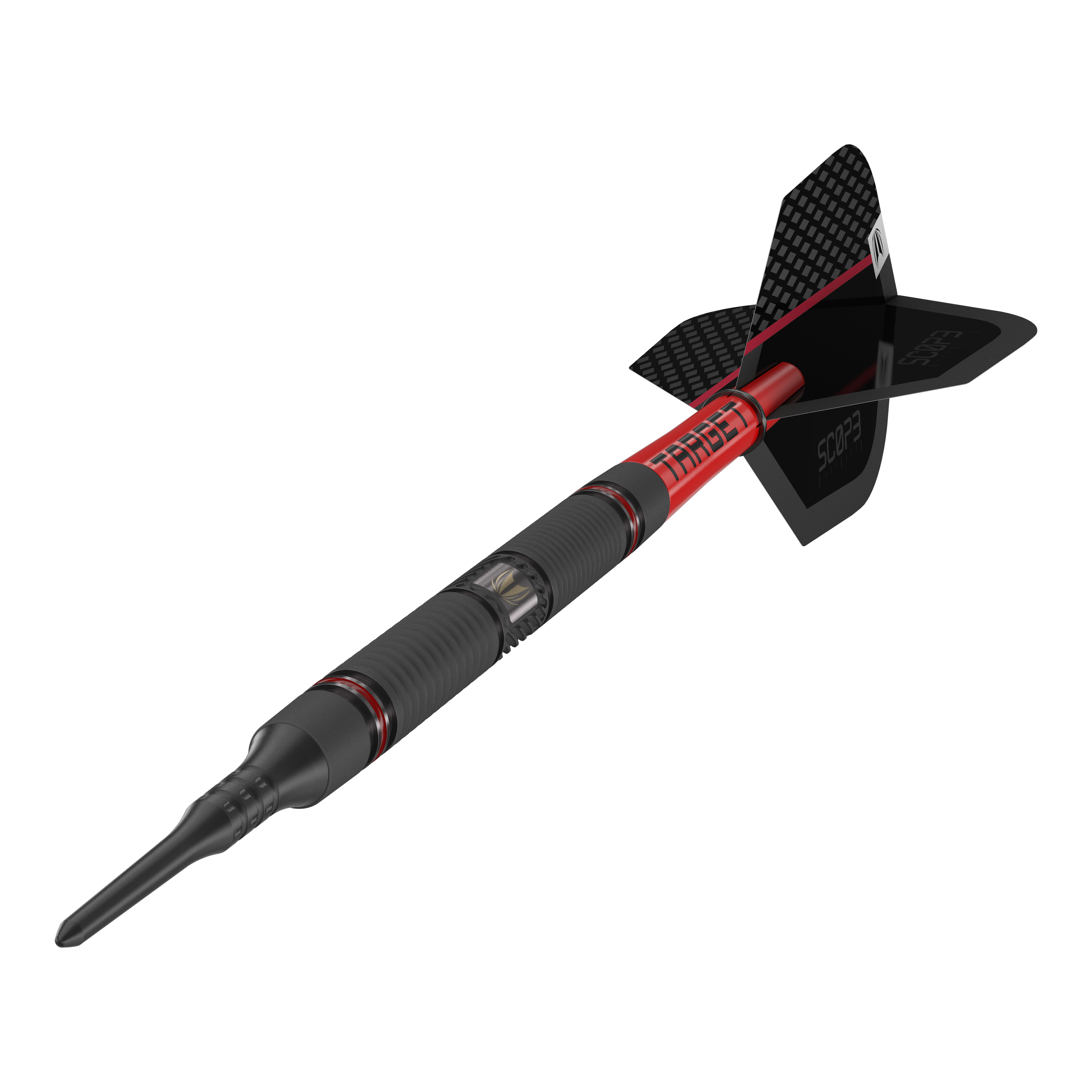 Target Scope 10 fléchettes souples Das Bild zeigt einen modernen Softdart mit dem Namen "Target Scope 10 Softdarts". Der Dart ist schwarz und rot gestaltet und hat eine auffällige, strukturierte Oberfläche sowie eine schwarze Flight.