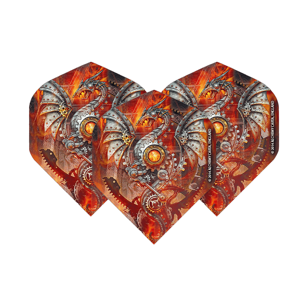 Dragon Alchemy Tech No2 Vols Standard Das Bild zeigt drei Dart-Flights mit einem mechanischen Drachenmotiv in leuchtenden Orange- und Silbertönen. Die Flights sind das Produkt "Alchemy Tech Dragon No2 Standard Flights".
