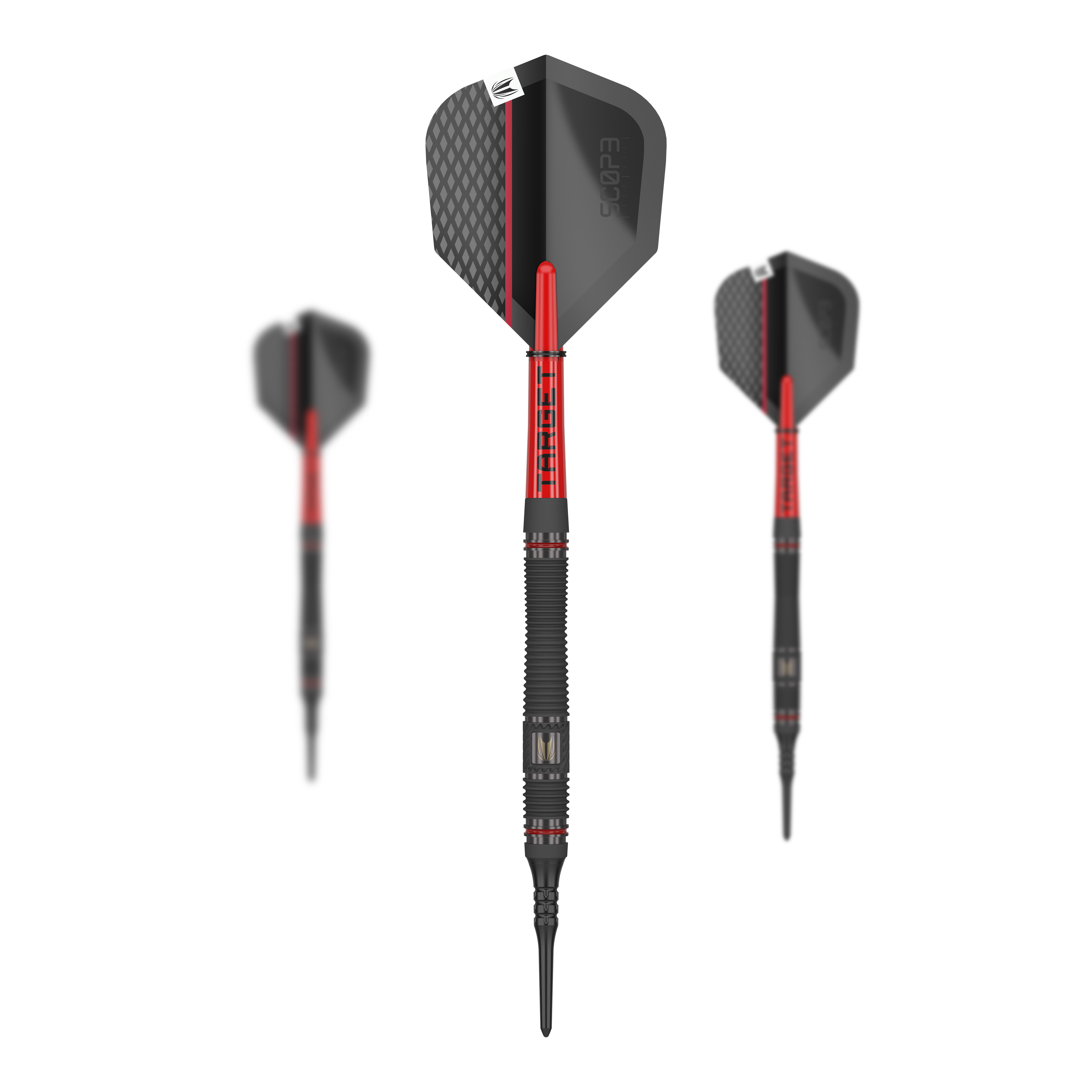 Target Scope 11 fléchettes souples Das Bild zeigt drei Softdarts des Produkts „Target Scope 11“. Die Darts haben ein schwarzes und rotes Design mit strukturierten Flights.