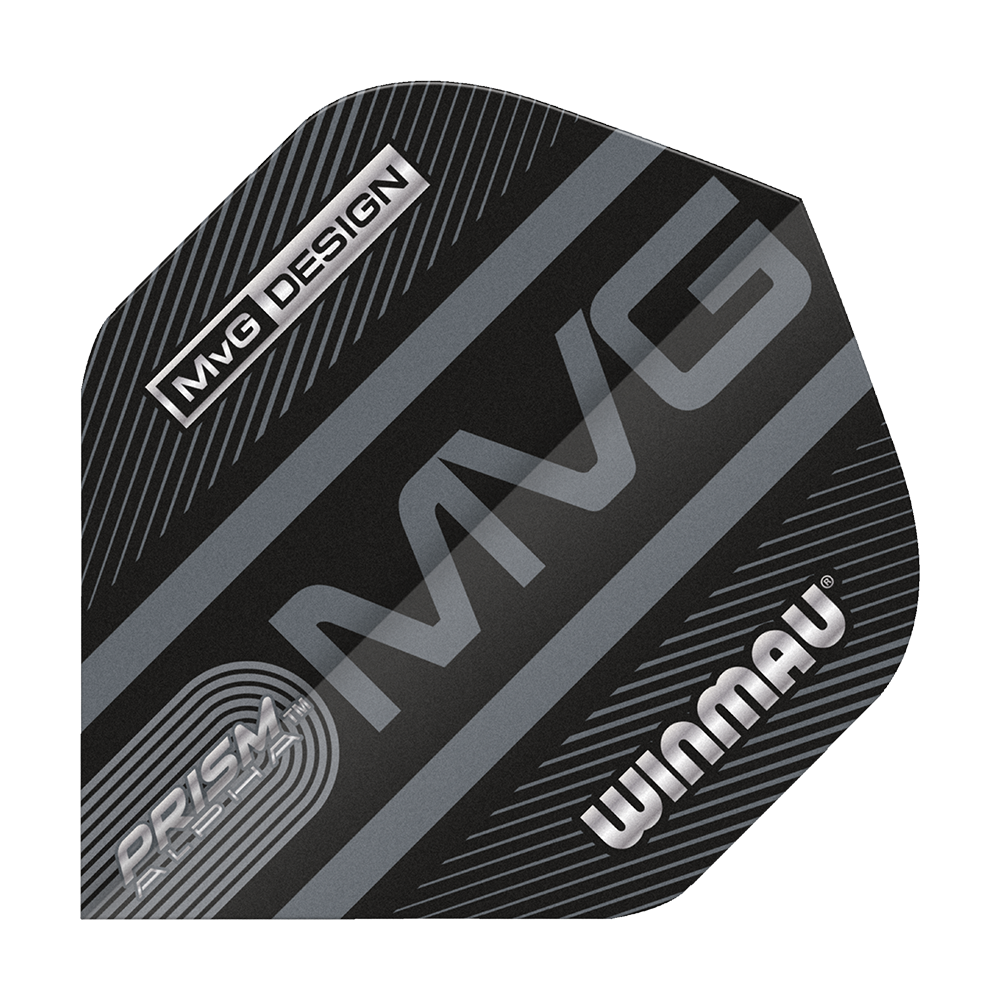 6915-187_Winmau_Prism_Alpha_MvG_Standard_Flights_1k6tx8xsfumvsc Das Bild zeigt ein schwarzes Dart-Flight mit silbernen Streifen und der Aufschrift „MvG“, „WINMAU“, „PRISM ALPHA“ und „MvG DESIGN“. Es handelt sich um das Produkt „Winmau Prism Alpha MvG Standard Flights“.