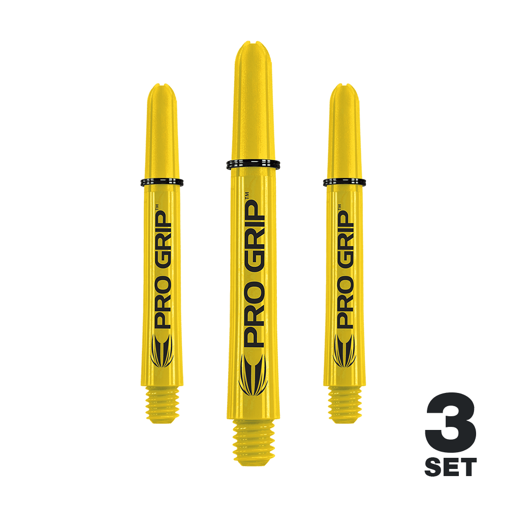 Tiges Target Pro Grip - 3 jeux - Jaune Auf dem Bild sind drei gelbe Dartschäfte mit der Aufschrift „PRO GRIP“ zu sehen. In der rechten unteren Ecke steht „3 SET“.
