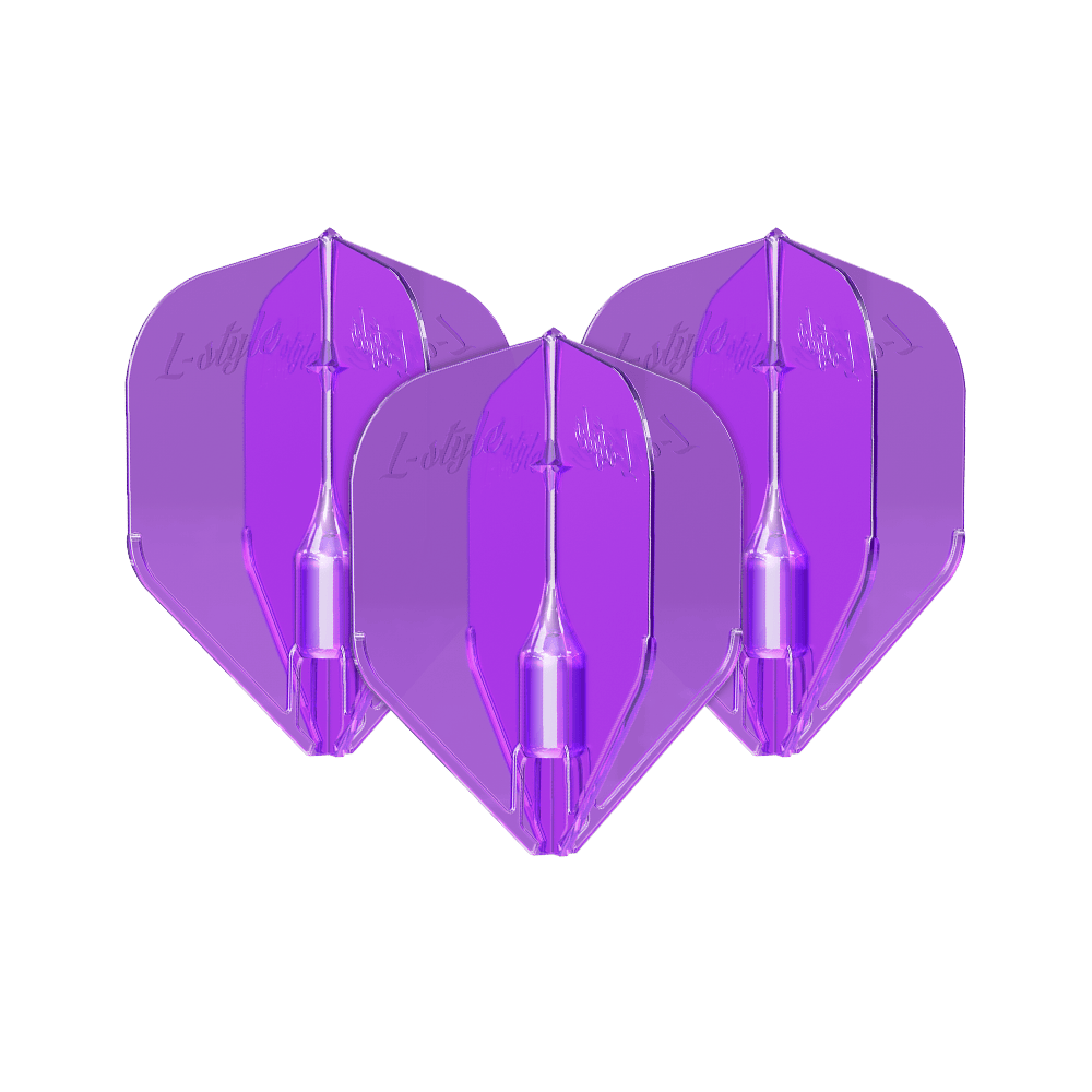 Vols L-Style Fantom L3EZ Violet Das Bild zeigt drei violette L-Style Fantom L3EZ Flights für Darts. Sie sind nebeneinander angeordnet und haben eine glänzende, transparente Oberfläche.