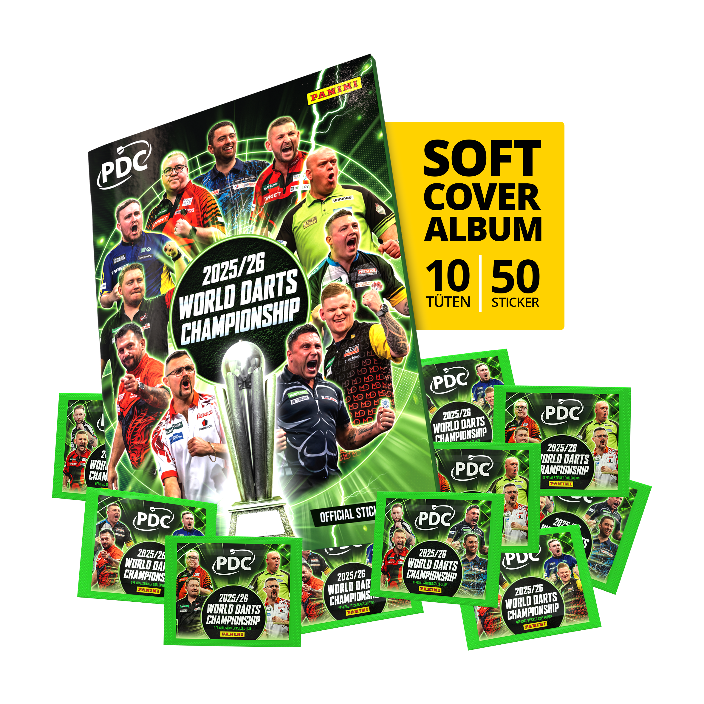 Championnat du monde de fléchettes Panini PDC 2025/26 - Coffret de démarrage à couverture souple avec 10 paquets d'autocollants Abgebildet ist das Panini PDC World Darts Championship 2025/26 - Softcover Starter Bundle mit 10 Sticker Packs. Das Starter-Bundle eignet sich ideal für Einsteiger und Darts-Fans.
