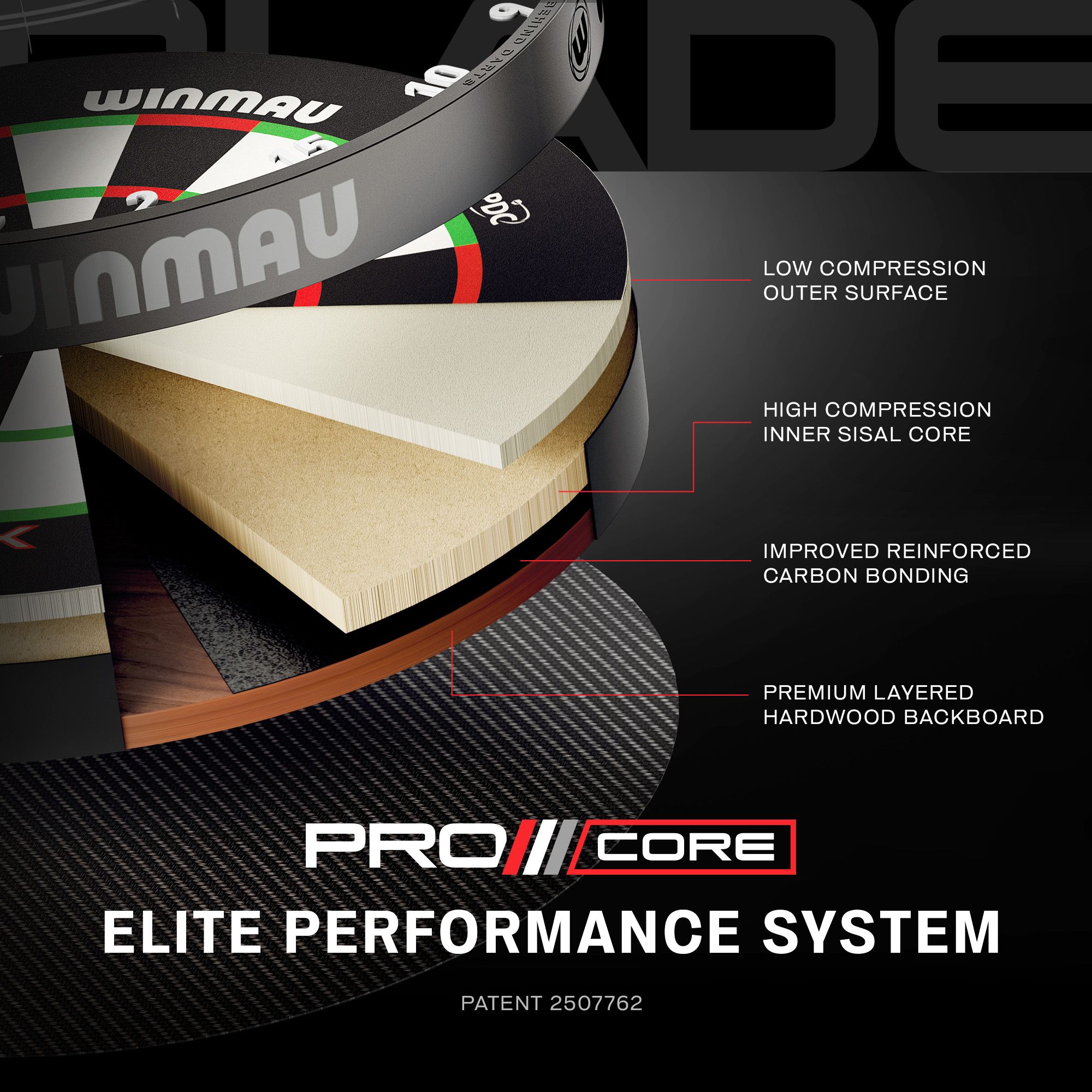 Cible de fléchettes en acier Winmau Blade X ProCore Das Bild zeigt einen weiteren Blick auf das Winmau Blade X ProCore Steeldartboard. Die Aufnahme fokussiert auf die Oberfläche und das Segment-Design.