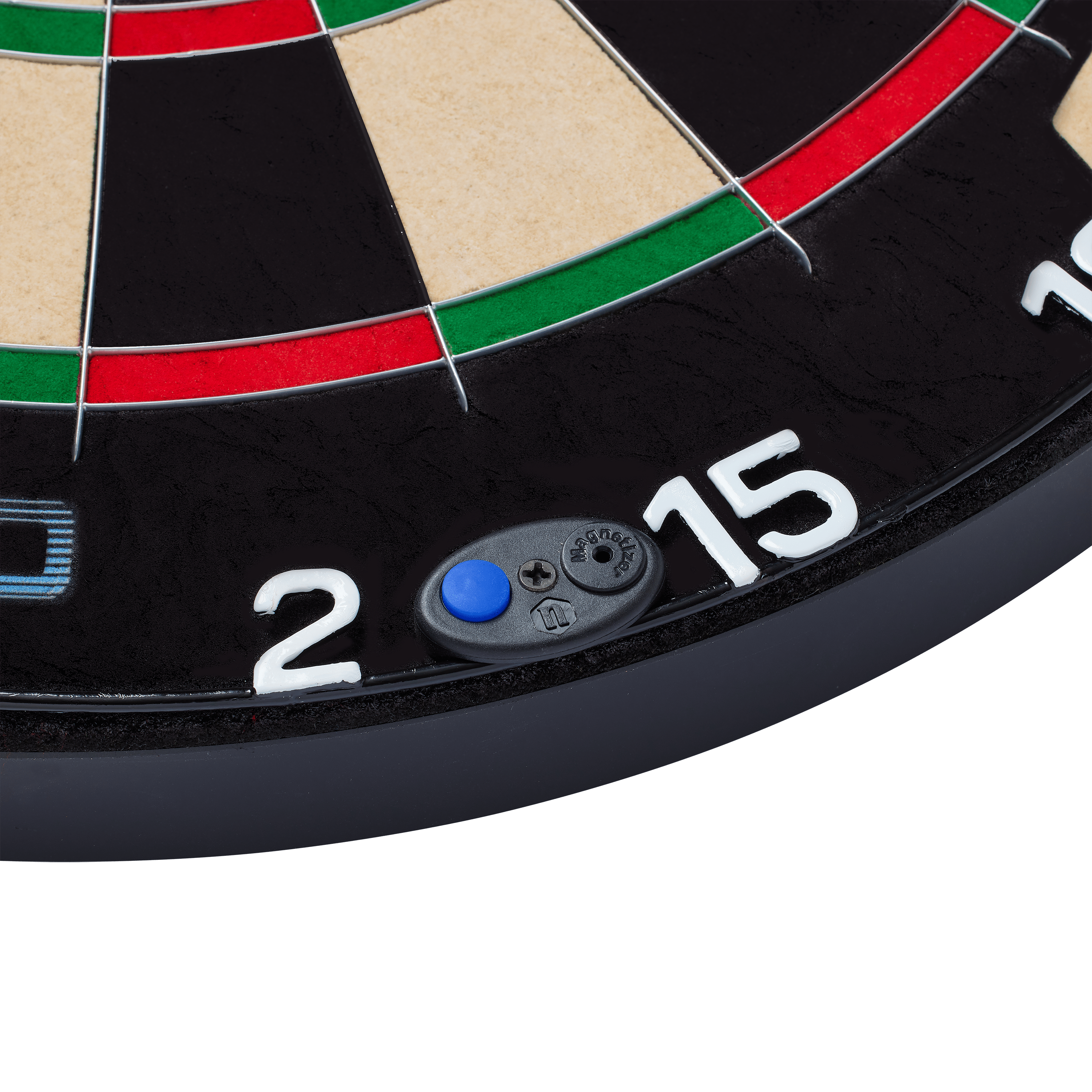 Cible de fléchettes en acier Unicorn Eclipse Smartboard Das Bild zeigt einen Ausschnitt eines Steeldartboards mit den Zahlen 2 und 15. Es handelt sich um das Produkt "Unicorn Eclipse Smartboard", das auch einen kleinen blauen Knopf am Rand besitzt.