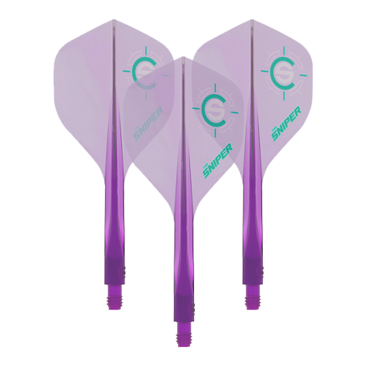 Système de vol Condor Ax 120 Connor Scutt Sniper violet clair - Standard Das Bild zeigt drei lilafarbene Dart-Flights des Modells „Condor Axe 120 Connor Scutt Sniper Clear Purple“. Auf den Flights ist ein grünes Ziel-Logo sowie das Wort „Sniper“ zu sehen.