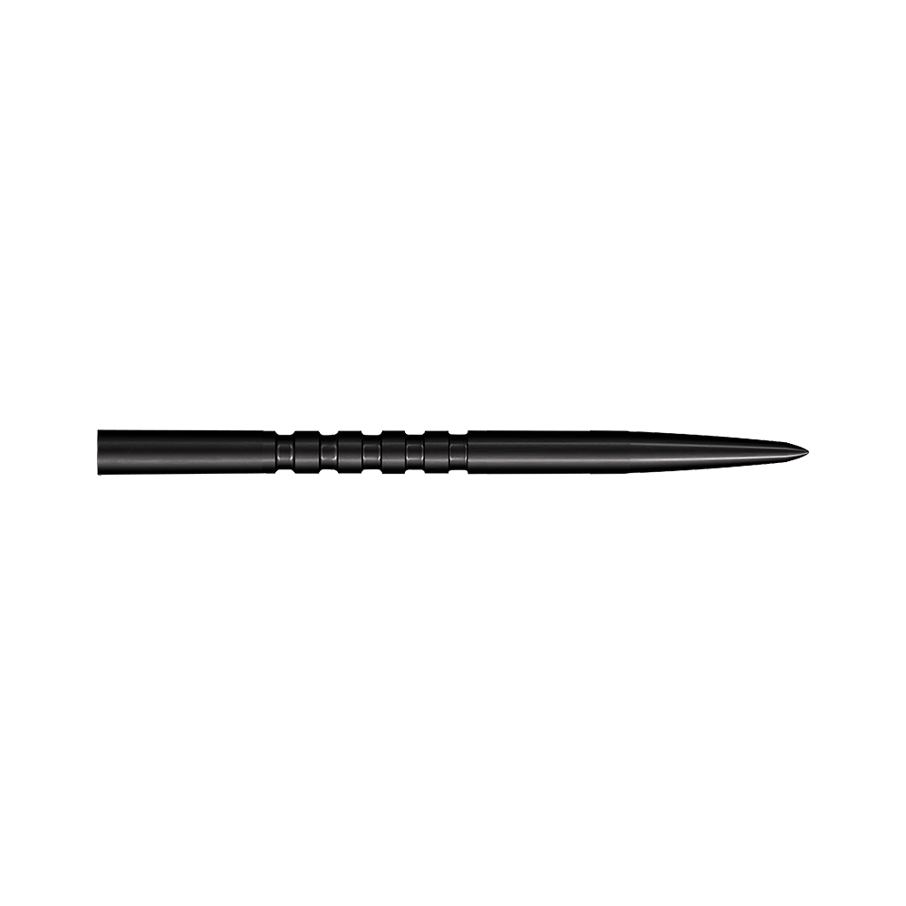Pointes de fléchettes en acier Shot Grip Point - Noires Auf dem Bild ist eine schwarze Stahl-Dartspitze mit Rillen in der Mitte zu sehen. Sie ist lang und hat eine spitze Form.
