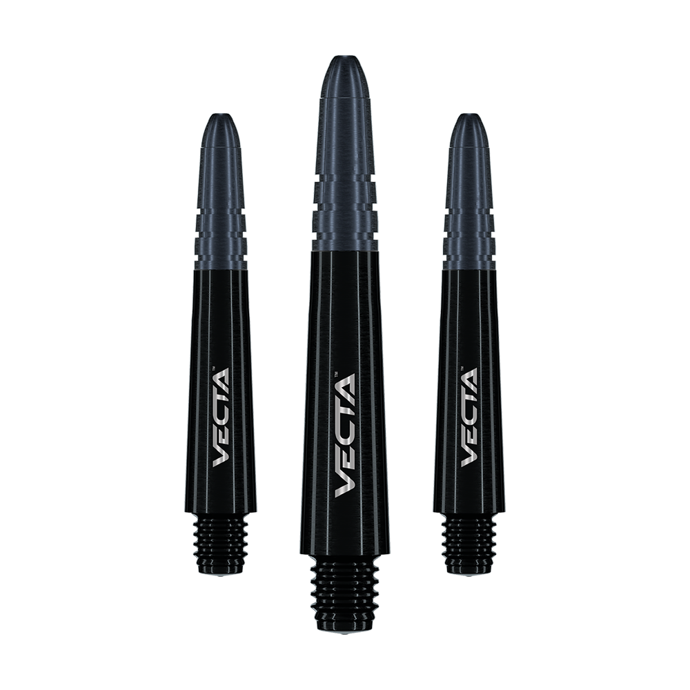 Tiges Winmau Vecta - Noir Auf dem Bild sind drei schwarze Dart-Schäfte mit der Aufschrift "Vecta" zu sehen. Sie sind unterschiedlich groß und haben ein modernes, glänzendes Design.