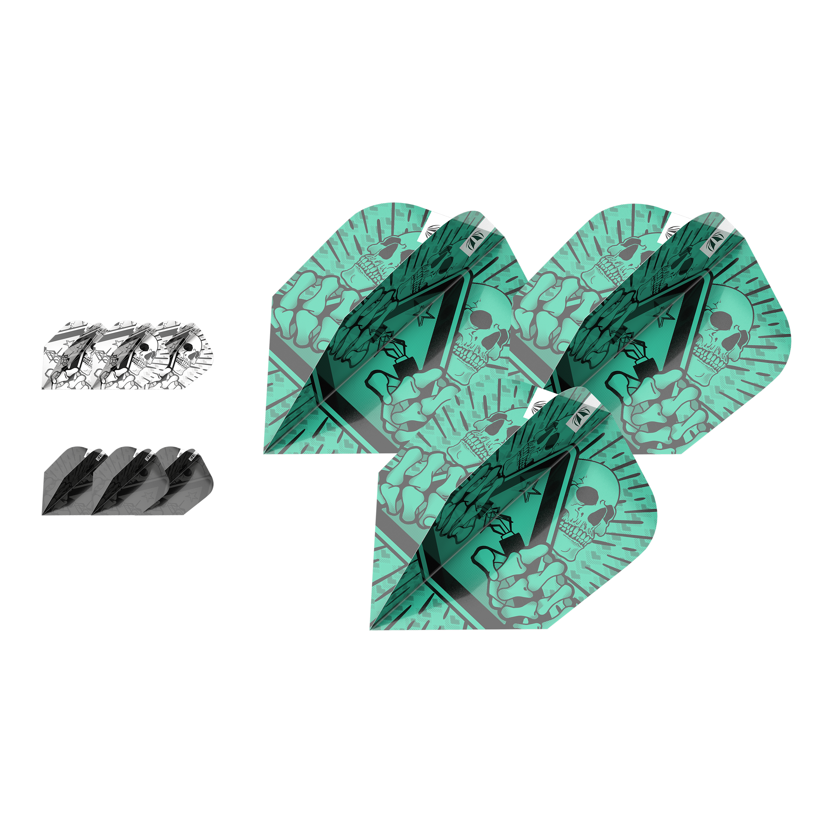 Target Ink Bundle 3 ensembles de vols Rob Cross Ten-X Das Bild zeigt das Produkt „Target Ink Bundle 3 Sets Rob Cross Ten-X Flights“. Es sind drei verschiedene Dart-Flights mit auffälligen Mustern zu sehen, darunter ein grünes Design mit Totenkopf.