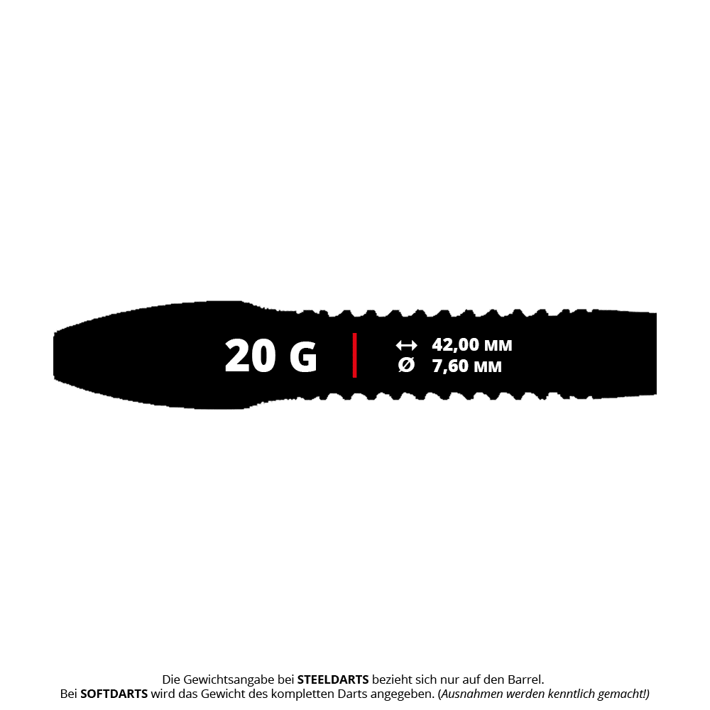 Das Bild zeigt die Produktdetails der Caliburn Wolfpack W4 Steeldarts mit 20 Gramm Gewicht. Die Länge des Barrels beträgt 42,00 mm und der Durchmesser 7,60 mm.