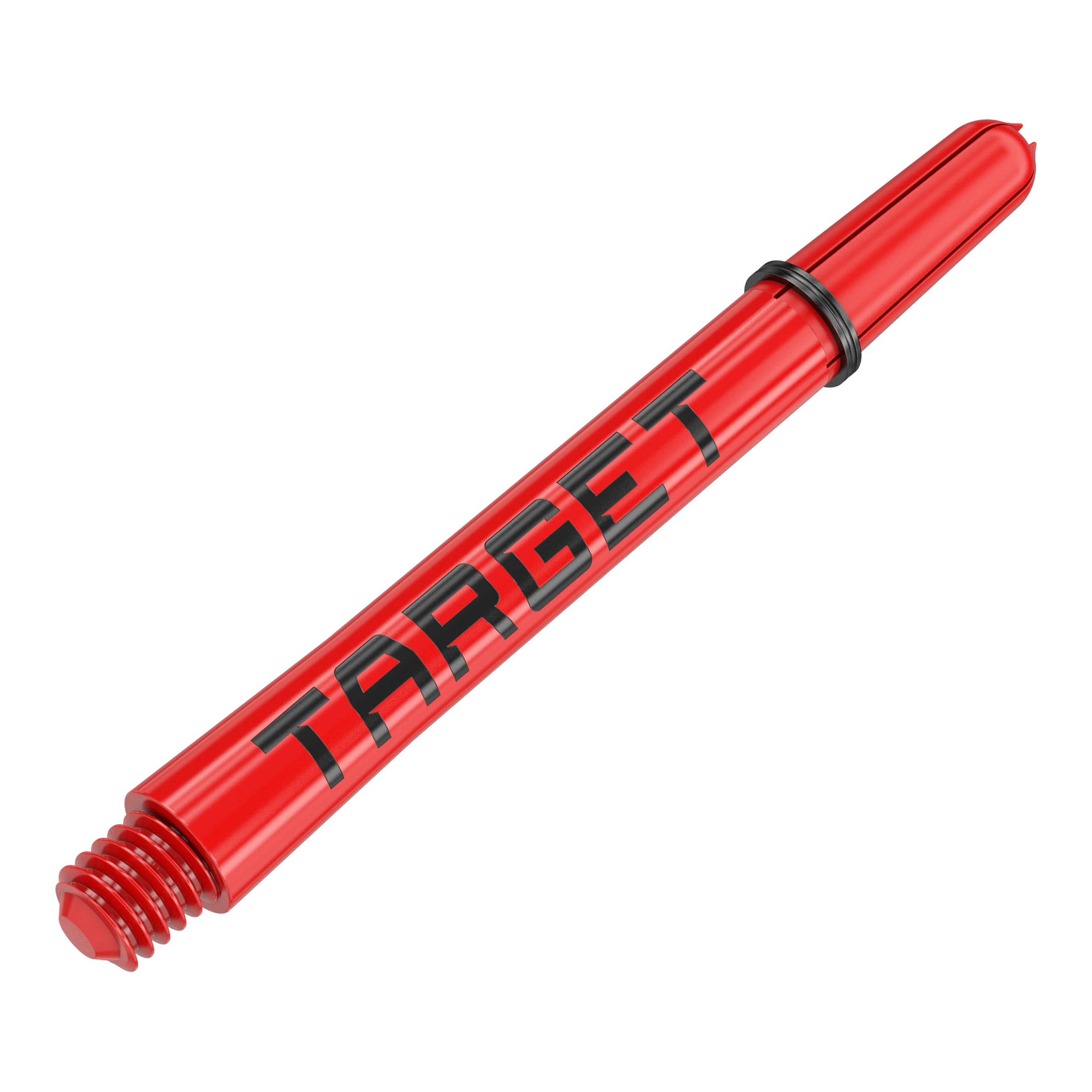 Tiges Target Pro Grip TAG - 3 jeux - Rouge Auf dem Bild ist ein roter Dart-Schaft mit der Aufschrift "TARGET" zu sehen. Der Schaft hat am Ende ein Schraubgewinde und einen schwarzen Gummiring.