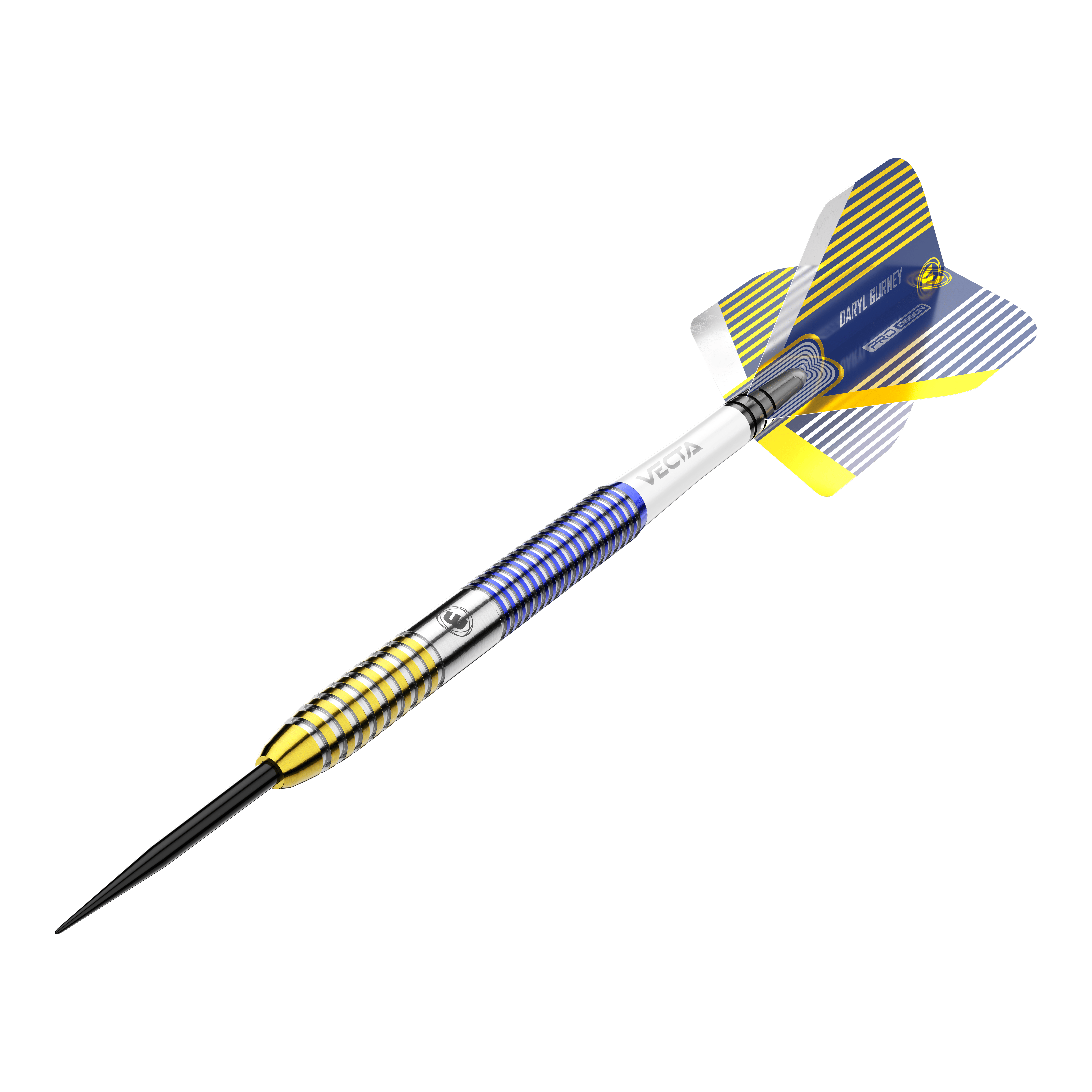 Fléchettes Winmau Daryl Gurney SC 1.0 Series - 23 g Das Bild zeigt einen Winmau Daryl Gurney SC 1.0 Series Steeldart mit einem Gewicht von 23g. Der Dart ist bunt gestaltet, hauptsächlich in Blau, Gelb und Silber.