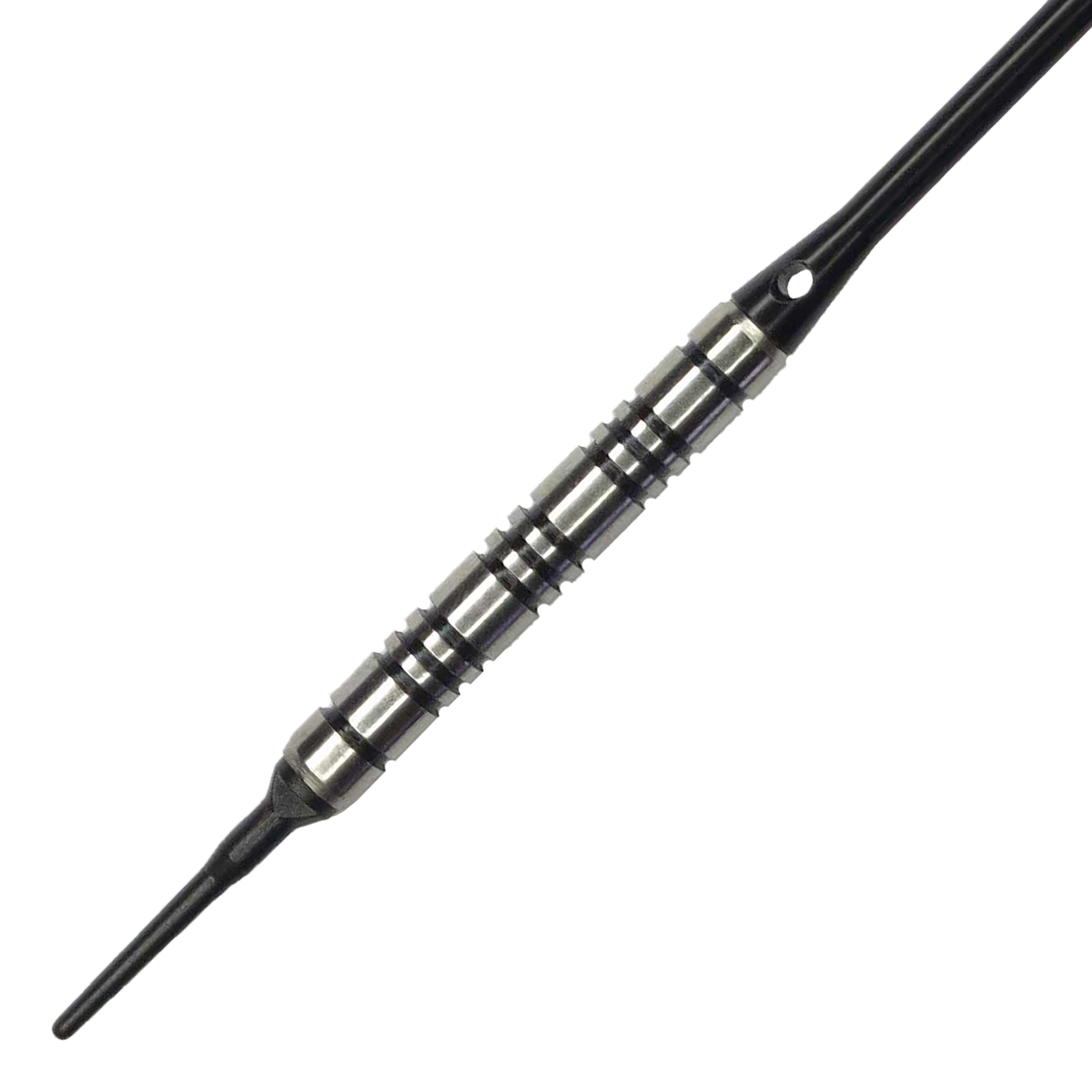 Fléchettes souples McDart 85 Tungsten V2 - 17 g Das Bild zeigt einen McDart 85er Tungsten V2 Softdart mit einem Gewicht von 17g. Der Dart besteht aus silbernem Metall mit schwarzen Rillen und besitzt eine schwarze Kunststoffspitze.