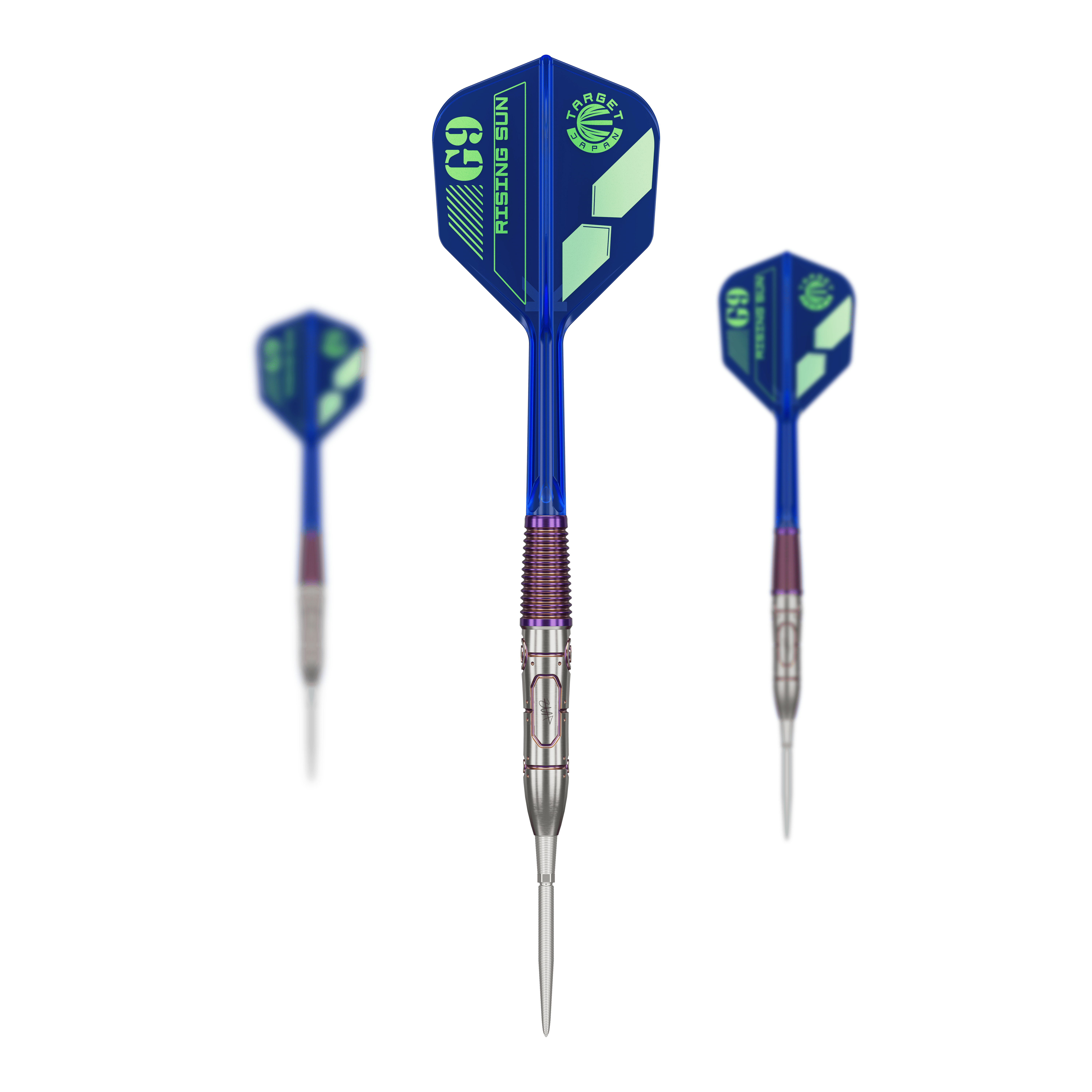 Target Japan Haruki Muramatsu Rising Sun GEN9 Steeldarts - 23 g Auf dem Bild sind drei Steeldarts des Modells "Target Japan Haruki Muramatsu Rising Sun GEN9" zu sehen. Die Darts haben blaue Flights und silberne Spitzen.
